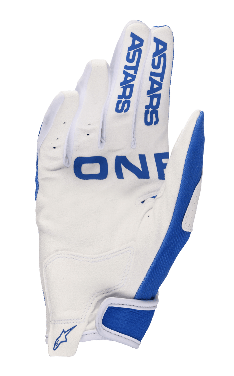 Alpinestars 2023 Radar Gloves, luvas de motocross, azul UCLA e branco, vista da palma em camurça sintética branca com detalhes azuis, marca ASTARS nos dedos, palma perfurada para respirabilidade e fecho de velcro no pulso