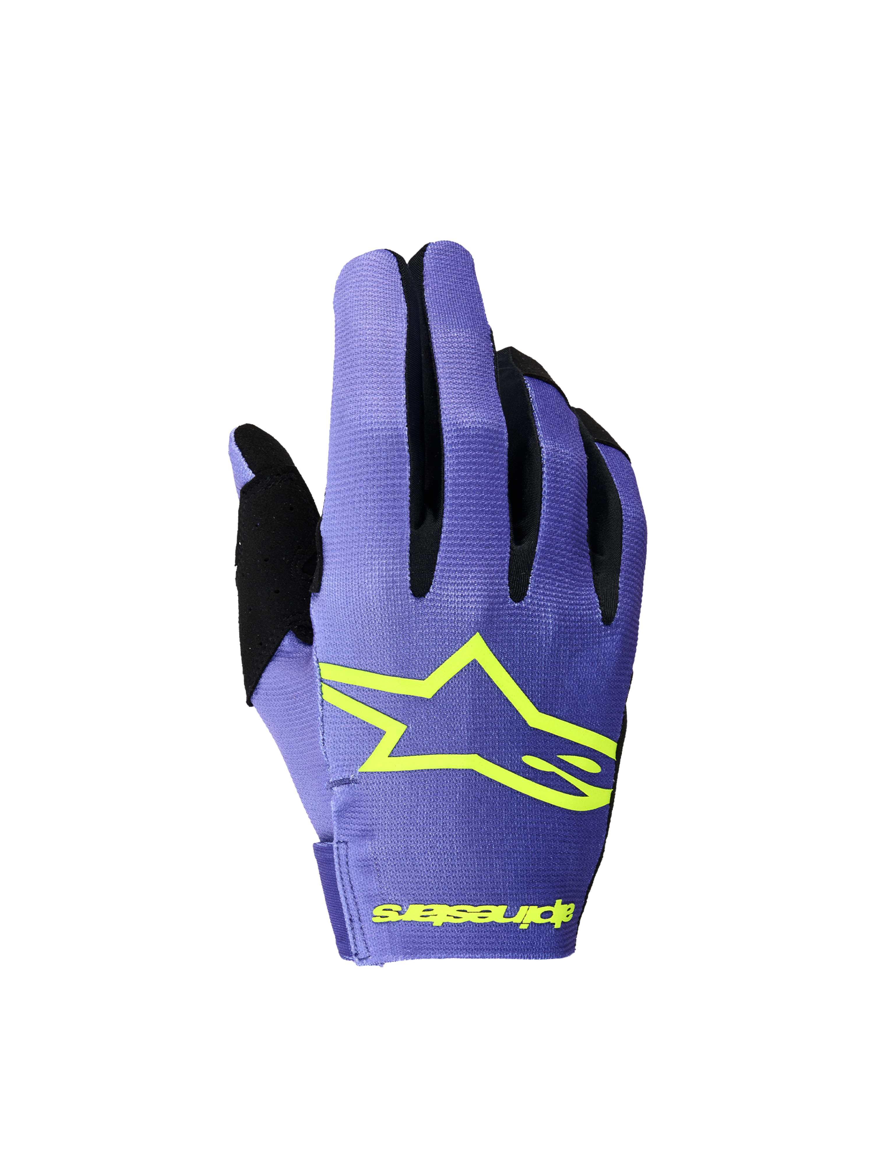 Alpinestars Luvas Radar 2026, luvas de motocross para homem, roxas e amarelas fluo, construção elástica de camada única, design ergonómico para todo-o-terreno.