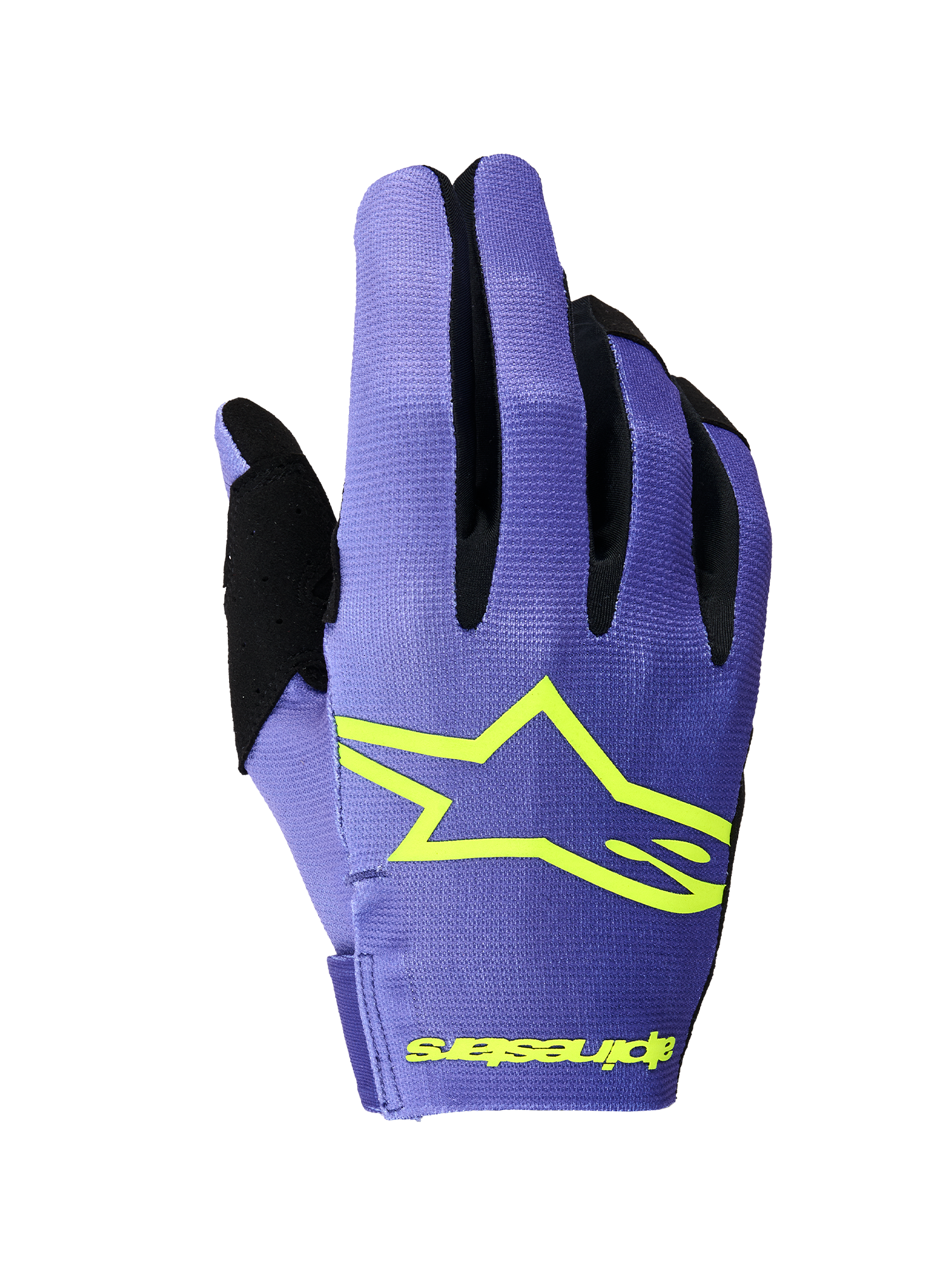 Alpinestars 2026 Radar Gloves, luvas de motocross, roxo e amarelo néon, vista do dorso com um logótipo proeminente da estrela Alpinestars em amarelo, reforços dos dedos pretos e construção em têxtil elástico leve para corridas de off-road