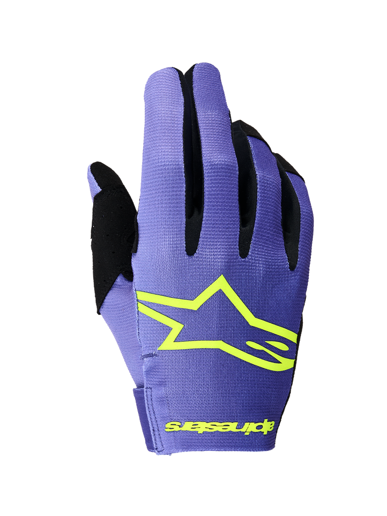 Alpinestars 2026 Radar Gloves, luvas de motocross, roxo e amarelo néon, vista do dorso com um logótipo proeminente da estrela Alpinestars em amarelo, reforços dos dedos pretos e construção em têxtil elástico leve para corridas de off-road