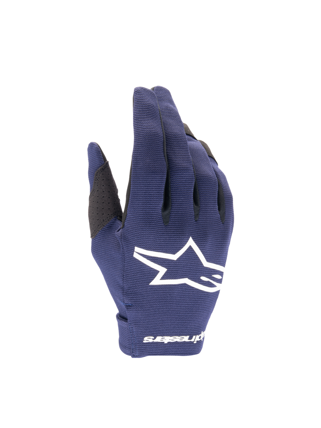 Alpinestars Radar 2025, luvas de motocross para homem, azul-marinho e brancas em têxtil elástico com logótipo.