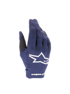 Alpinestars Radar 2025, luvas de motocross para homem, azul-marinho e brancas em têxtil elástico com logótipo.