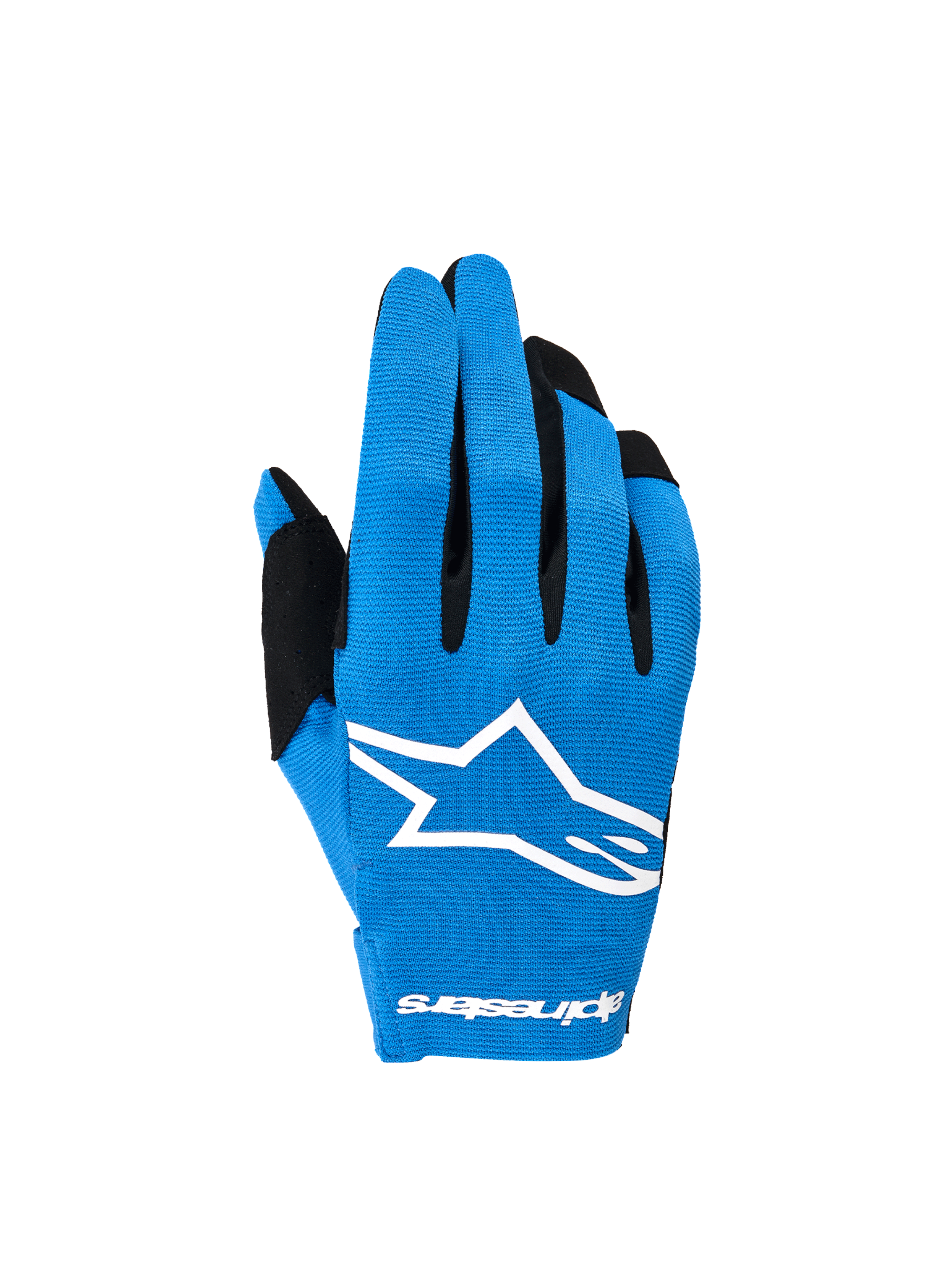 Alpinestars Luvas Radar 2026, luvas de motocross para homem, azuis e brancas, com dorso elástico e logótipo Astars branco sublimado.