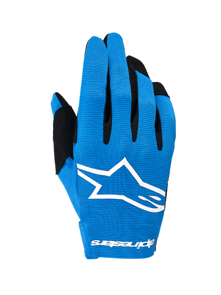 Alpinestars 2026 Radar Gloves, luvas de motocross, azuis e brancas, com dorso elástico de camada única e um grande logótipo Astars branco, detalhes pretos nos dedos, design de desempenho leve para condução off-road