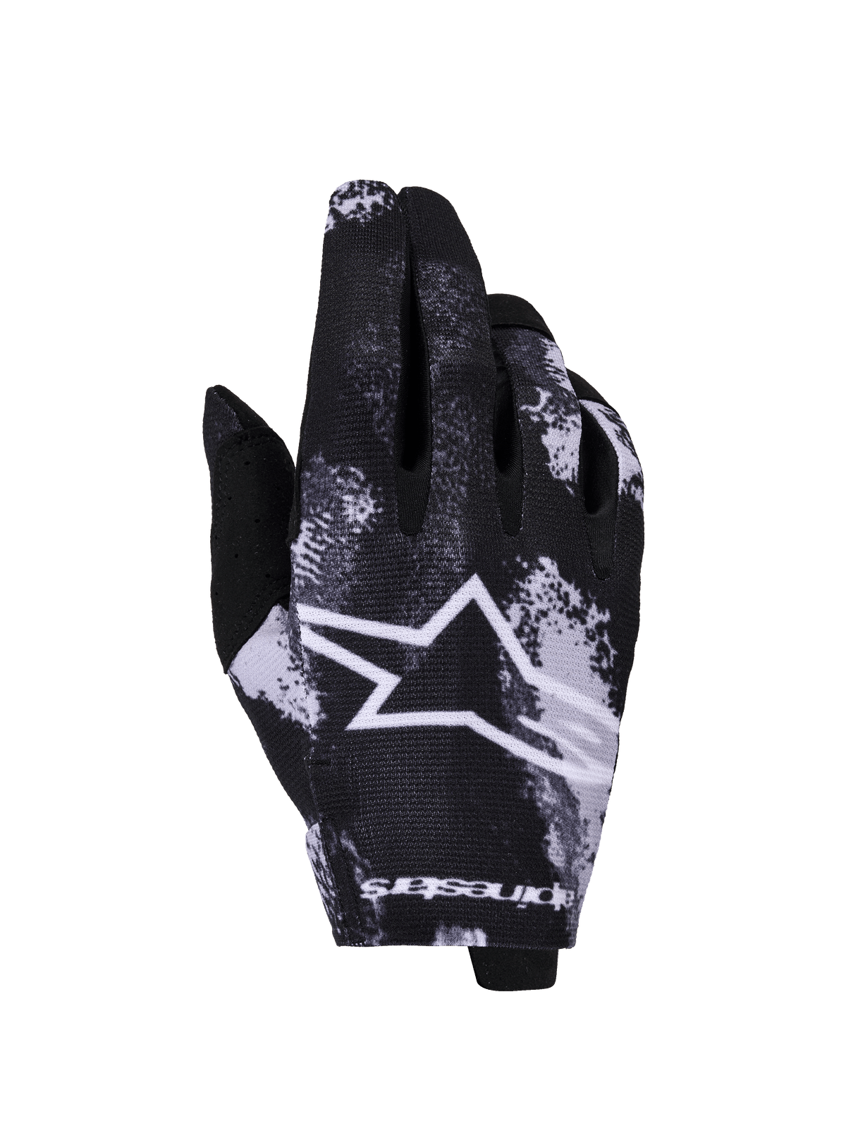 Alpinestars 2026 Radar Gloves, luvas de motocross, Iron Camo preto e branco, com um grande logótipo de estrela branco, padrão de camuflagem sublimado, tecido elástico leve para corridas todo-o-terreno