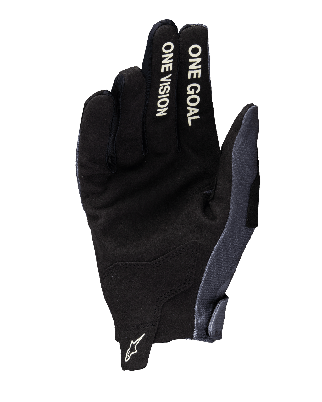 Alpinestars 2025 Radar Gloves, luvas de motocross, cinzento e camuflado escuro, vista da palma com construção em camurça sintética, texto 'ONE VISION' e 'ONE GOAL' a branco nos dedos e logótipo Astars branco na aba de puxar do pulso