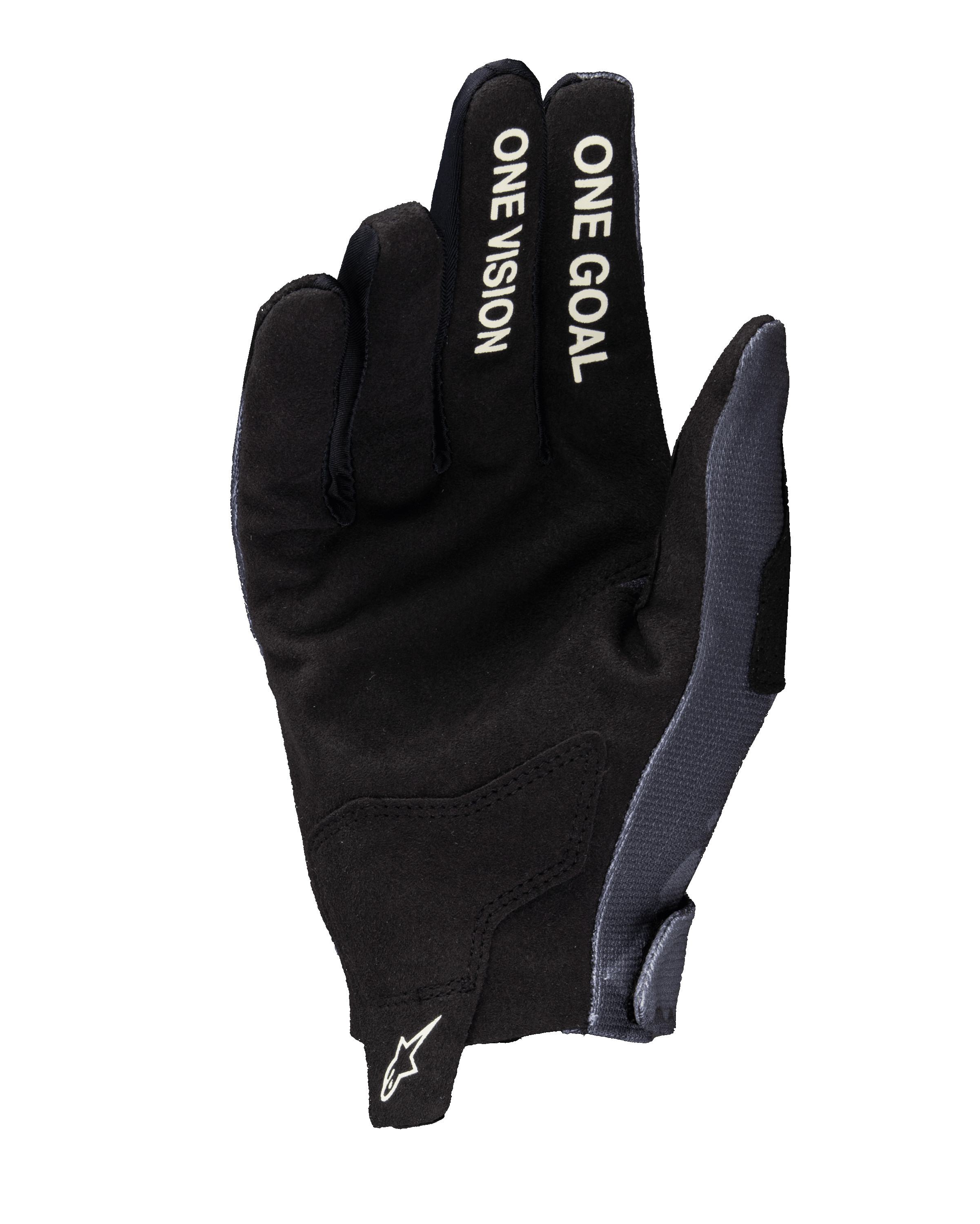 Alpinestars 2025 Radar Gloves, luvas de motocross, cinzento e camuflado escuro, vista da palma com construção em camurça sintética, texto 'ONE VISION' e 'ONE GOAL' a branco nos dedos e logótipo Astars branco na aba de puxar do pulso