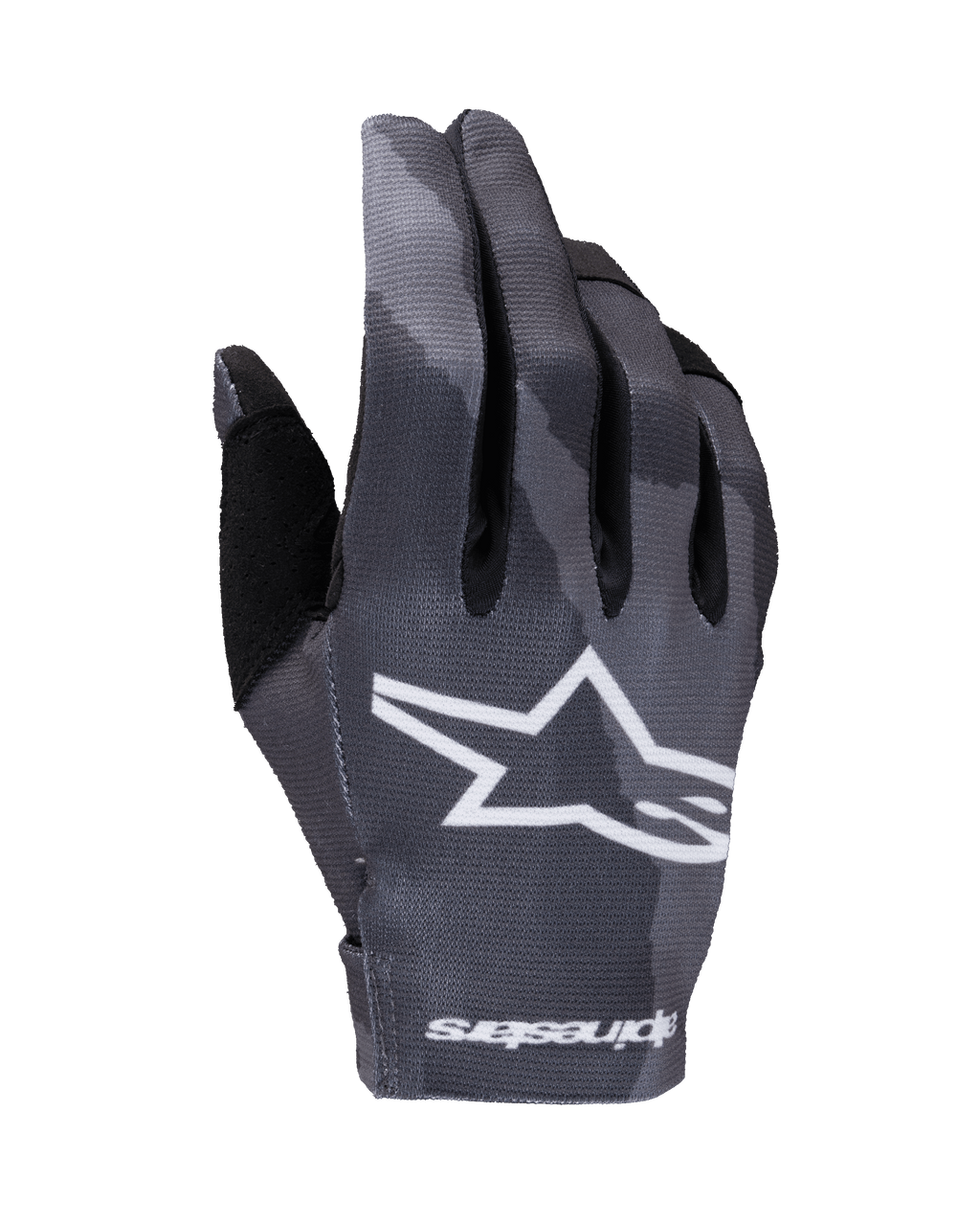 Luvas Alpinestars Radar 2025, luvas de motocross, padrão Dark Camo em tons de cinzento, logótipo de estrela branco no dorso, texto Alpinestars no punho, construção elástica leve para performance em todo-o-terreno