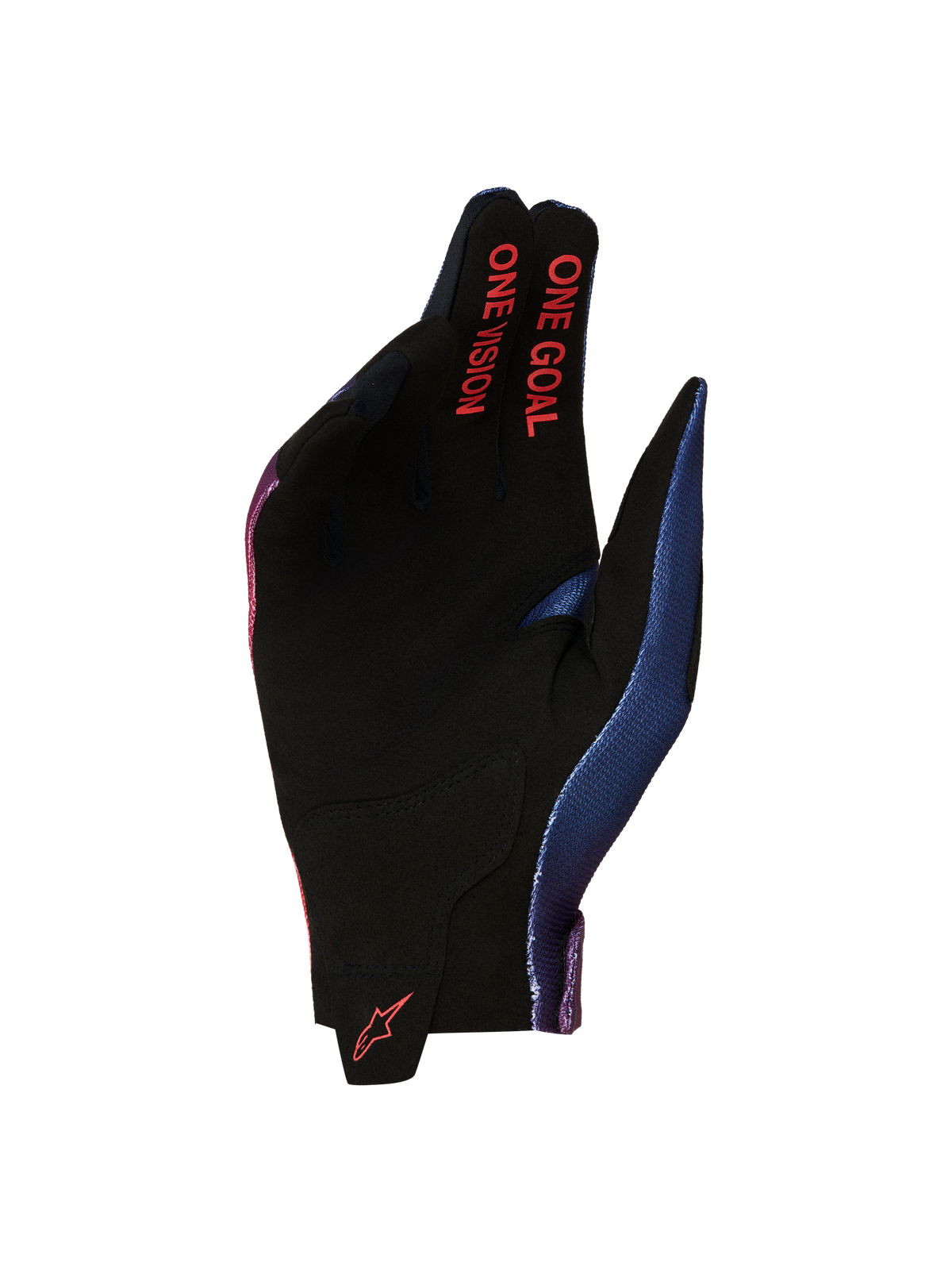 Alpinestars Radar 2027, luvas de motocross pretas e vermelhas, palma em camurça sintética e texto One Goal One Vision.