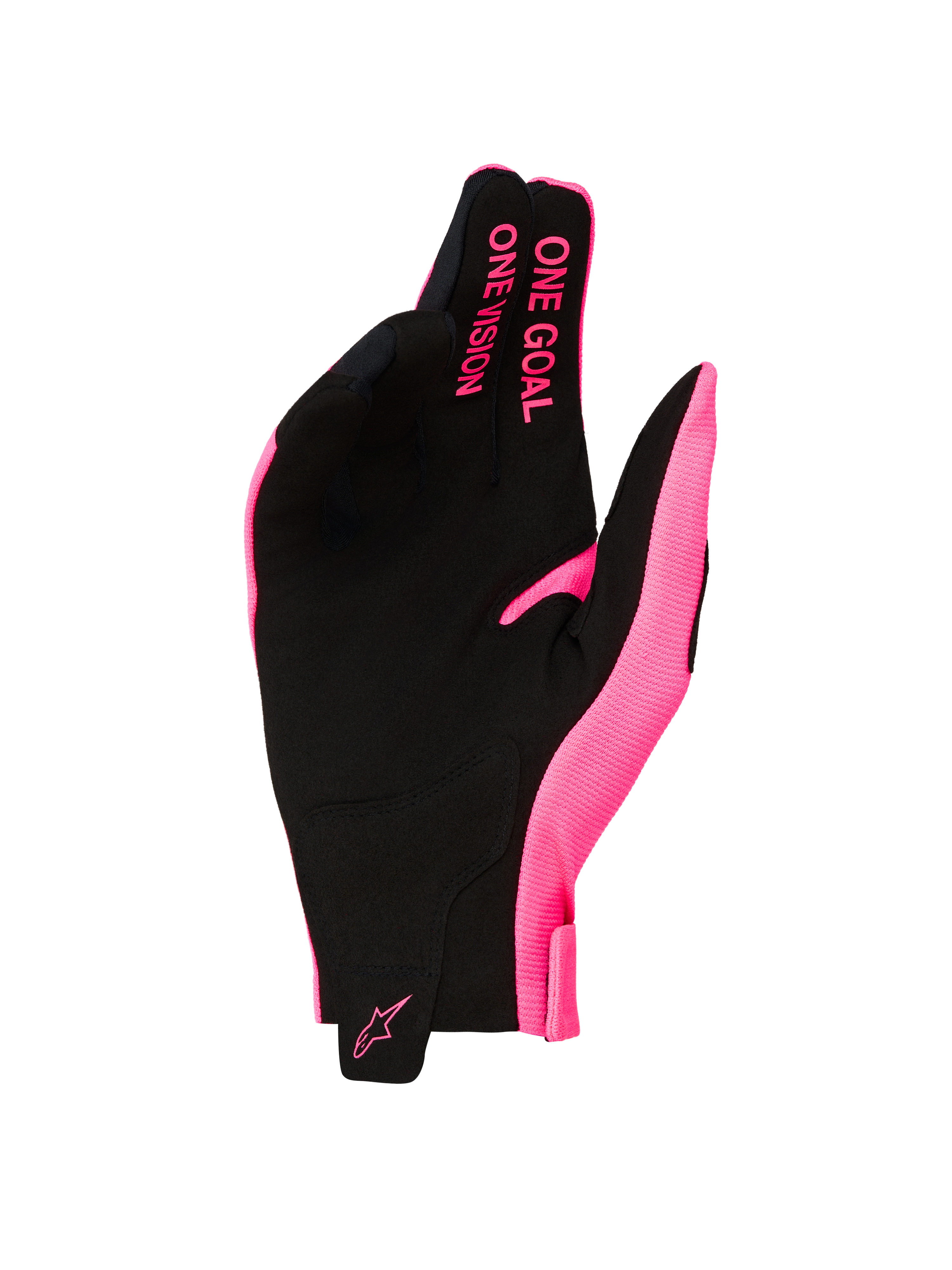 Alpinestars Radar Gloves 2027, Men's Pink and Black Motocross Gloves, synthetic suede palm, ONE GOAL ONE VISION slogan.