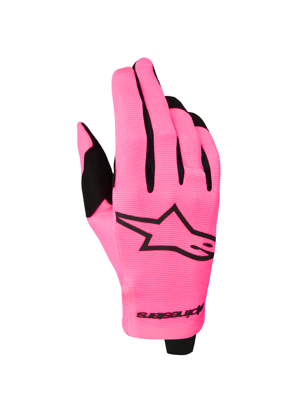 Alpinestars Radar Gloves 2027, lightweight motocross racing gloves in Pink Fluo and Black with a stretch textile backhand.
