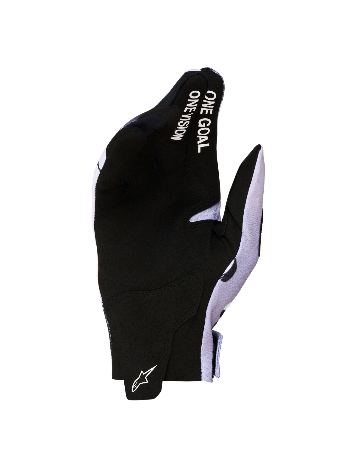 Alpinestars Luvas Radar 2027, luvas de moto para motocross, pretas e cinzentas, palma em camurça sintética com branding One Goal One Vision e logótipo Astars.