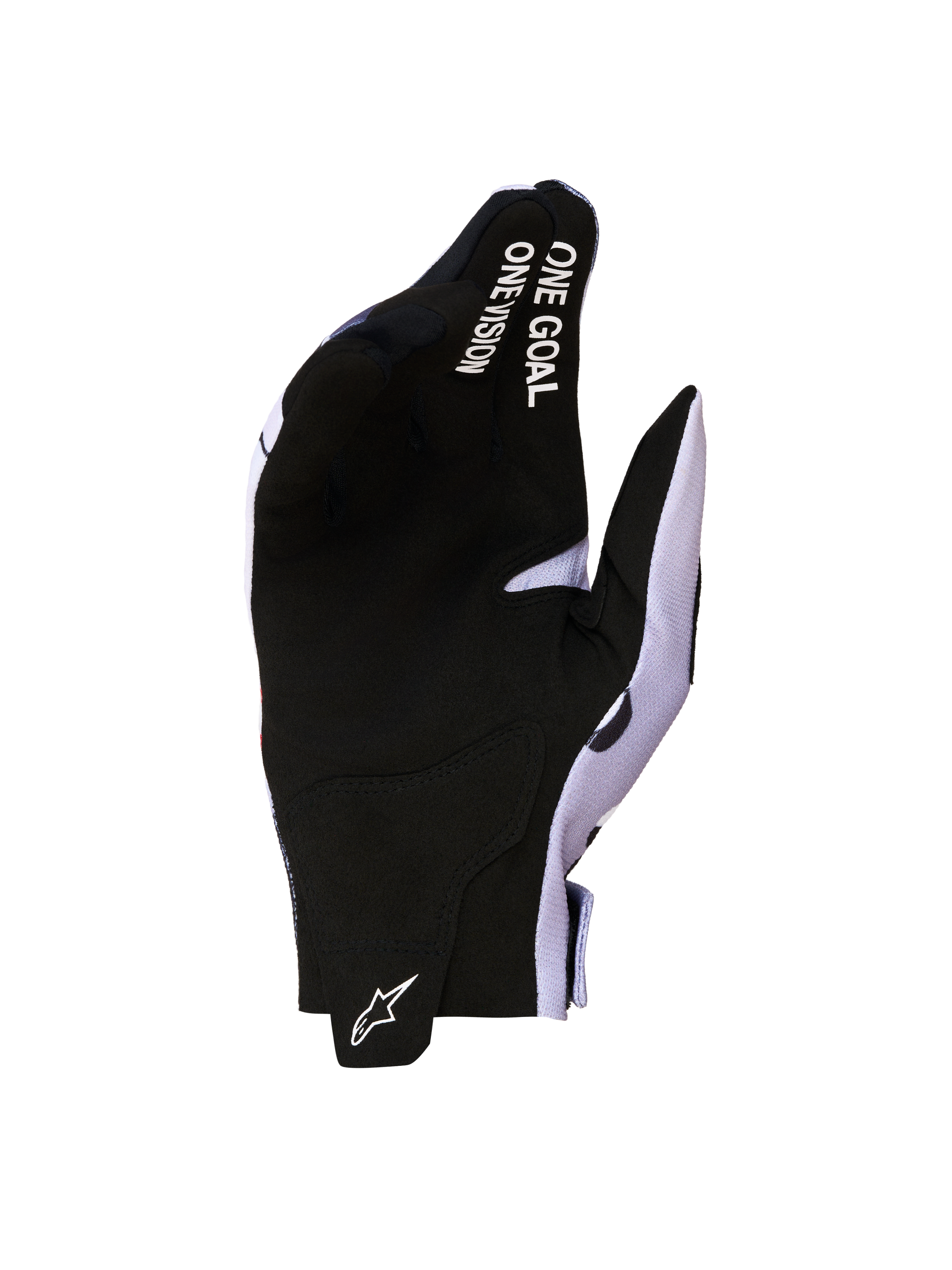 Alpinestars Radar Gloves 2027, black and gray motocross gloves with a synthetic suede palm and One Goal One Vision branding.