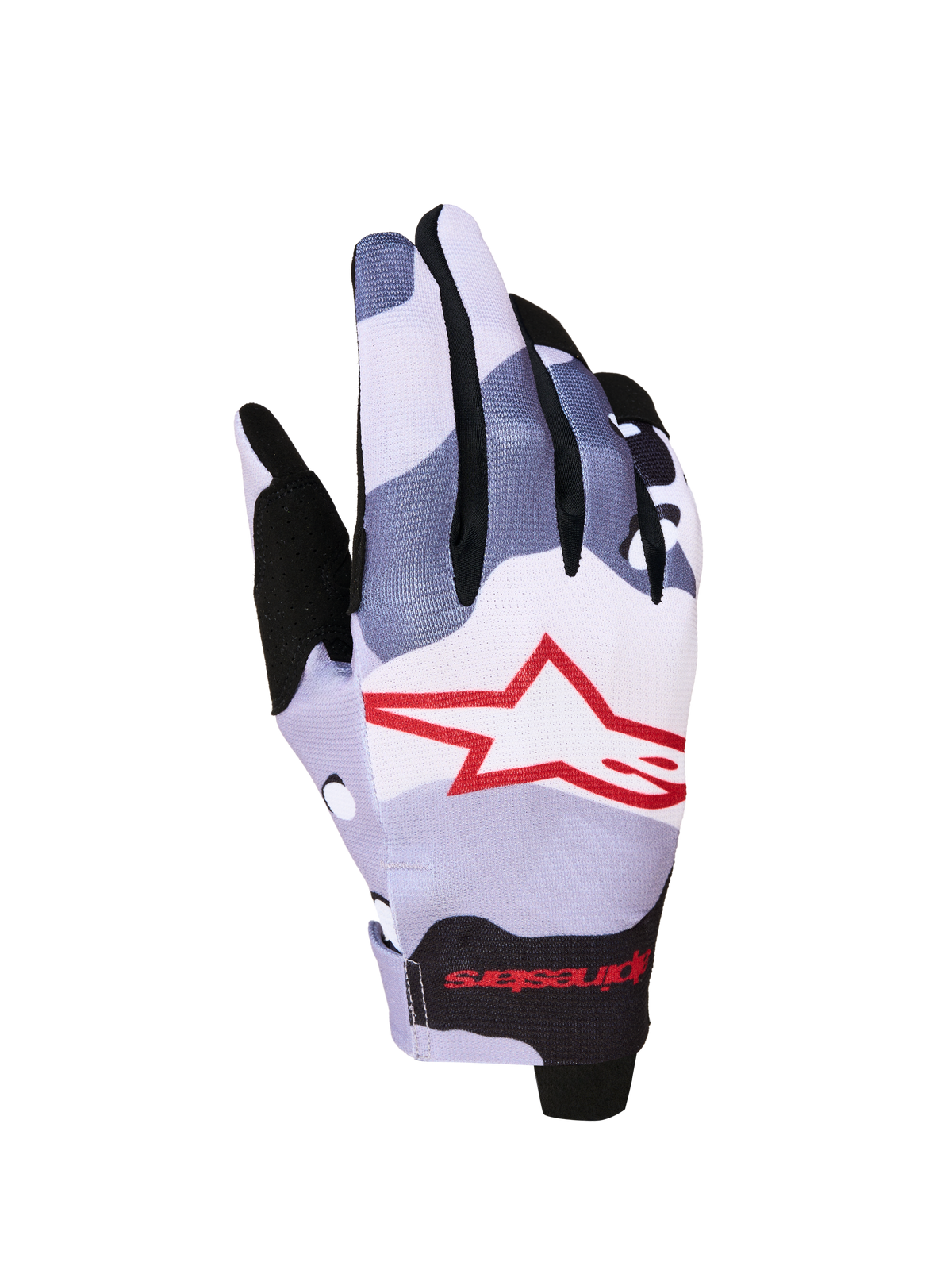 Alpinestars Radar Gloves 2027, Men's Motocross Gloves, Ash Gray and Red, single-layer textile with sublimated star graphic.