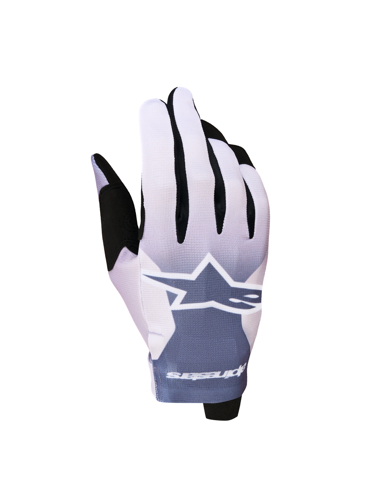 Luvas Alpinestars Radar 2027, luvas de motocross, cinzento e lilás, construção leve e flexível com logótipo de estrela.