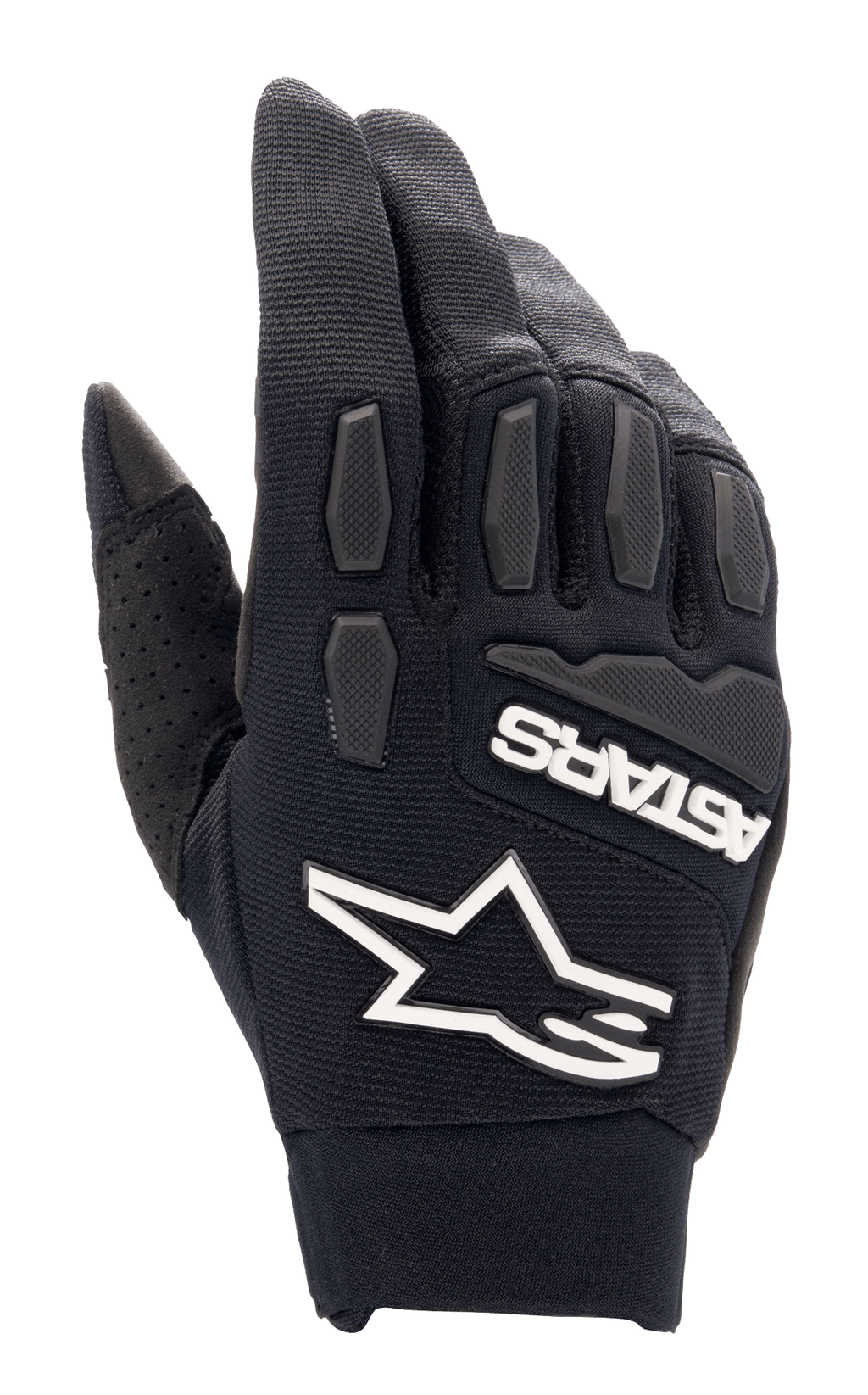 Luvas Alpinestars Full Bore XT, luvas de motocross pretas, com logótipo de estrela Alpinestars e marca ASTARS em branco em destaque, proteção de nós dos dedos e dedos em TPR texturizado, tecido elástico respirável com detalhe perfurado no polegar, concebidas para enduro e condução todo-o-terreno
