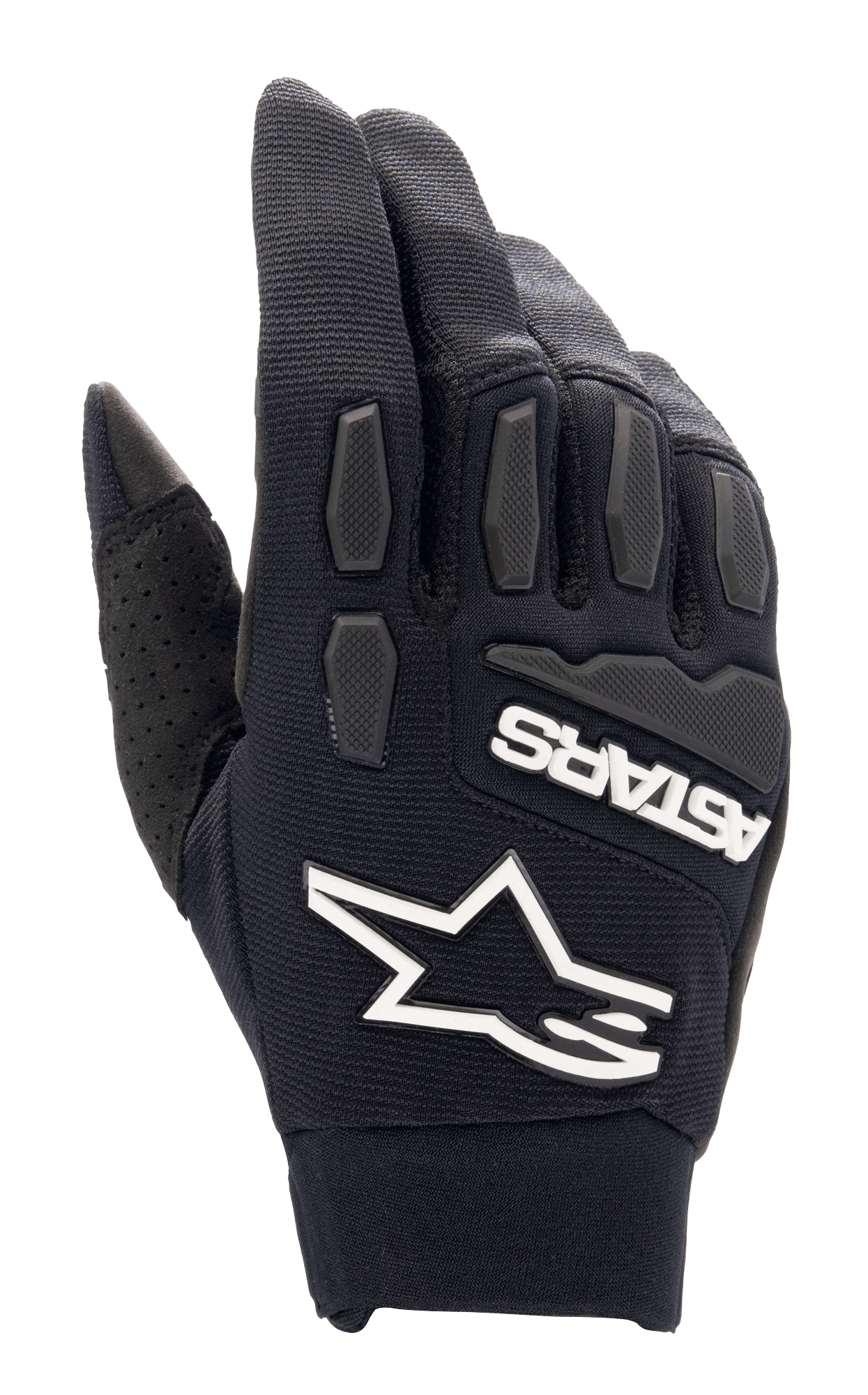 Luvas Alpinestars Full Bore XT, luvas de motocross pretas, com logótipo de estrela Alpinestars e marca ASTARS em branco em destaque, proteção de nós dos dedos e dedos em TPR texturizado, tecido elástico respirável com detalhe perfurado no polegar, concebidas para enduro e condução todo-o-terreno