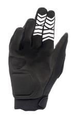 Luvas Alpinestars Full Bore XT, pretas, vista da palma mostrando a construção em camurça sintética com padrões de aderência chevron brancos nos dedos e fecho de pulso ergonómico, concebidas para Enduro e todo-o-terreno