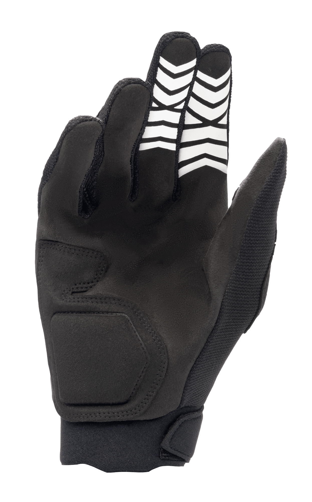 Luvas Alpinestars Full Bore XT, pretas, vista da palma mostrando a construção em camurça sintética com padrões de aderência chevron brancos nos dedos e fecho de pulso ergonómico, concebidas para Enduro e todo-o-terreno