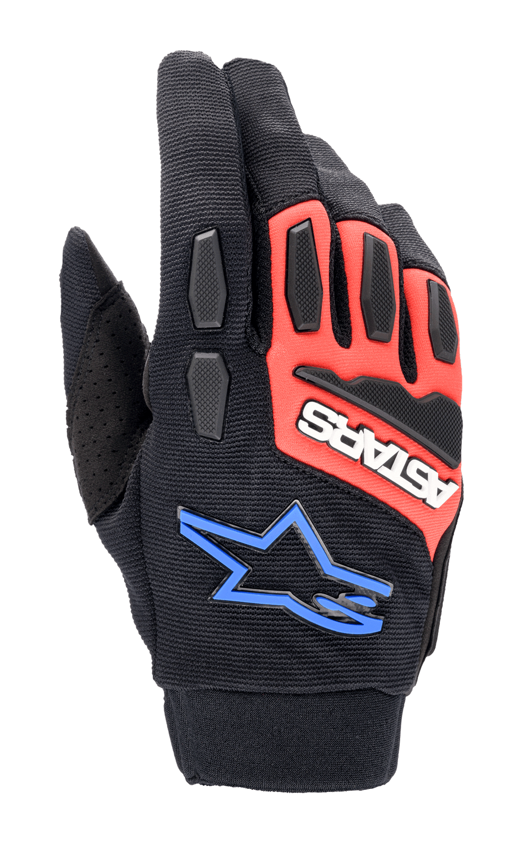 Alpinestars Full Bore XT Gloves, luvas de motociclismo todo-o-terreno, pretas, vermelho vivo e azul, com proteção de nós dos dedos e dedos em TPR, tecido elástico respirável, logótipo ASTARS branco em painel vermelho e logótipo de estrela azul