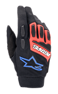 Alpinestars Full Bore XT Gloves, luvas de motociclismo todo-o-terreno, pretas, vermelho vivo e azul, com proteção de nós dos dedos e dedos em TPR, tecido elástico respirável, logótipo ASTARS branco em painel vermelho e logótipo de estrela azul