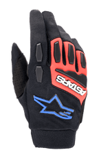 Alpinestars Full Bore XT Gloves, luvas de motociclismo todo-o-terreno, pretas, vermelho vivo e azul, com proteção de nós dos dedos e dedos em TPR, tecido elástico respirável, logótipo ASTARS branco em painel vermelho e logótipo de estrela azul