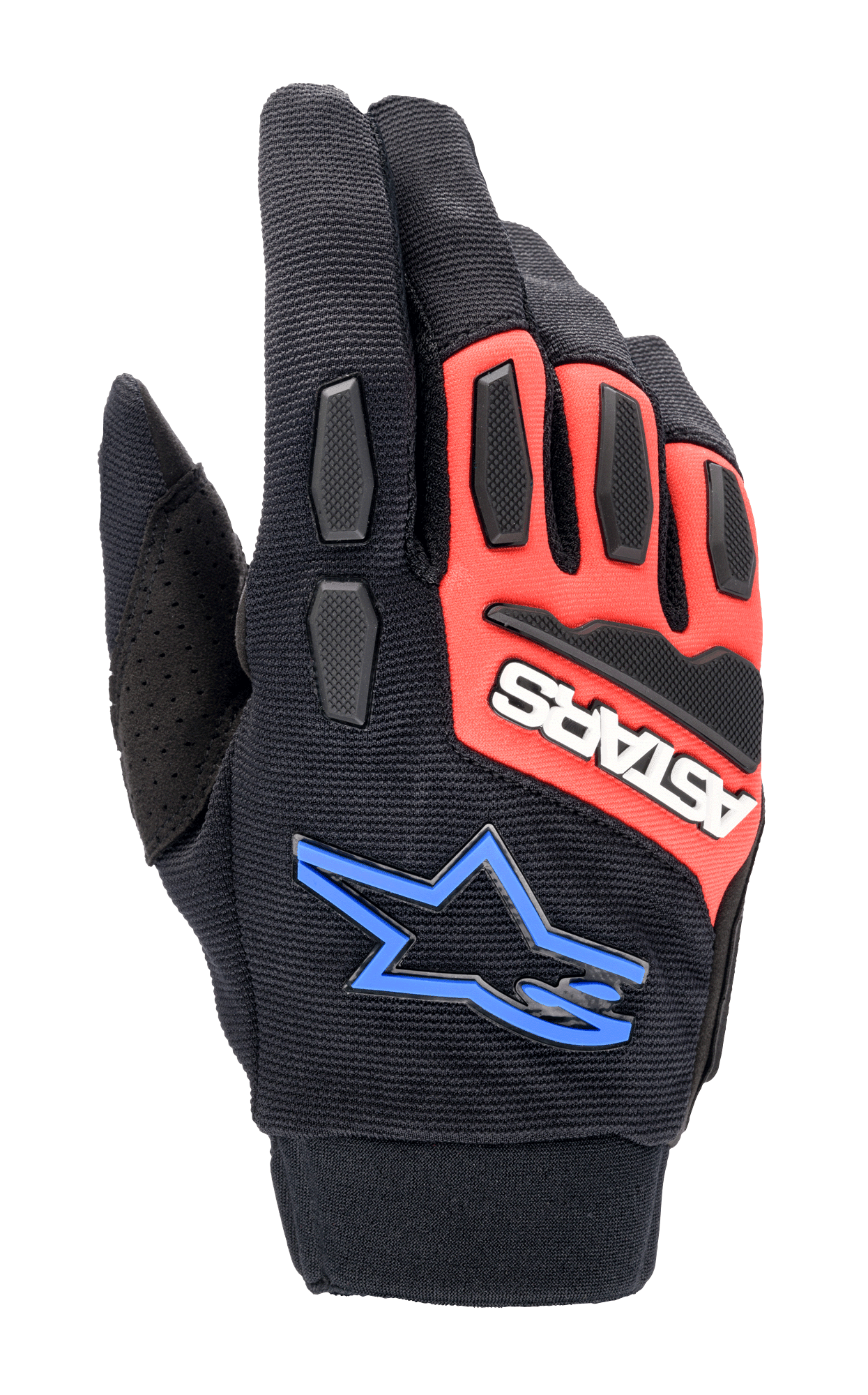 Alpinestars Full Bore XT Gloves, luvas de motociclismo todo-o-terreno, pretas, vermelho vivo e azul, com proteção de nós dos dedos e dedos em TPR, tecido elástico respirável, logótipo ASTARS branco em painel vermelho e logótipo de estrela azul