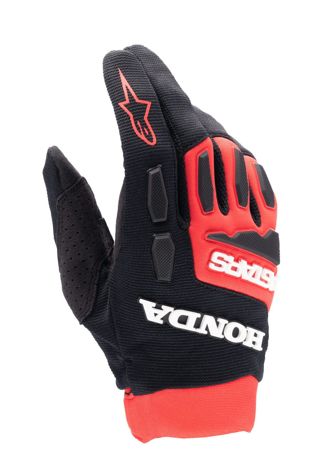 Alpinestars Honda Full Bore Gloves, Motocross Gloves, Bright Red and Black, bold white Honda and Astars branding, TPR knuckle guards, breathable stretch textile construction, and red star logo on finger, sporty off-road racing design