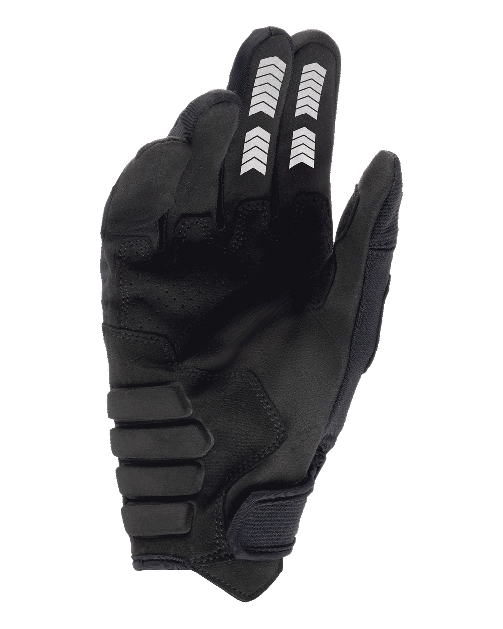Luvas Alpinestars Techdura, luvas de enduro, pretas, vista da palma com construção em camurça sintética, grafismos em chevron brancos nos dedos indicador e médio, palma reforçada e acolchoada, e fecho de gancho e laço no punho