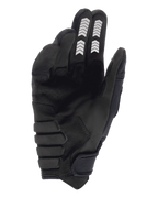 Luvas Alpinestars Techdura, luvas de enduro, pretas, vista da palma com construção em camurça sintética, grafismos em chevron brancos nos dedos indicador e médio, palma reforçada e acolchoada, e fecho de gancho e laço no punho
