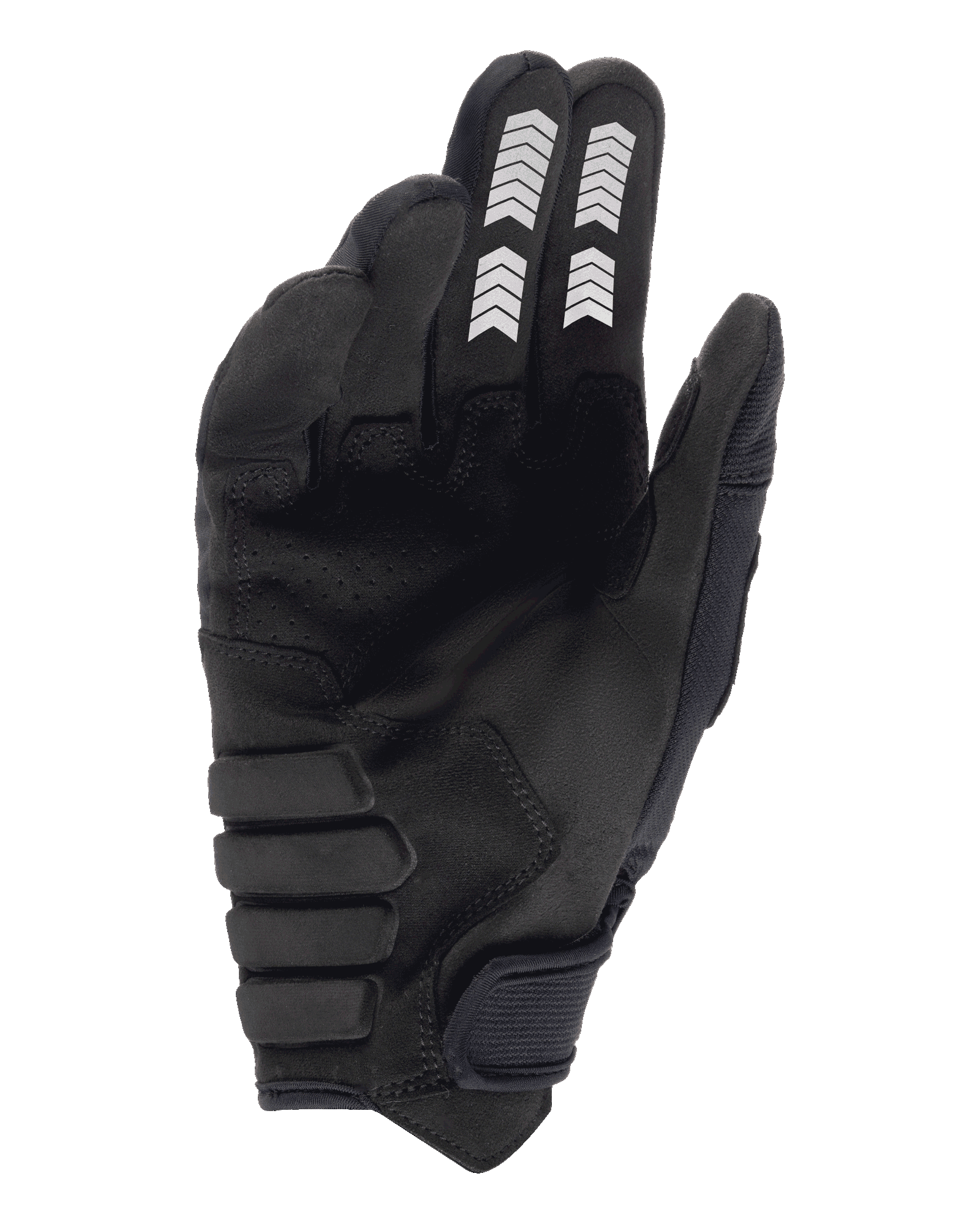 Luvas Alpinestars Techdura, luvas de enduro, pretas, vista da palma com construção em camurça sintética, grafismos em chevron brancos nos dedos indicador e médio, palma reforçada e acolchoada, e fecho de gancho e laço no punho