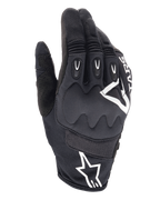 Alpinestars Techdura Gloves, luvas de motociclismo para enduro, pretas com logótipo Alpinestars branco, proteção viscoelástica das articulações, inserções de TPR nos dedos, construção em malha respirável e tecido elástico, equipamento de condução off-road