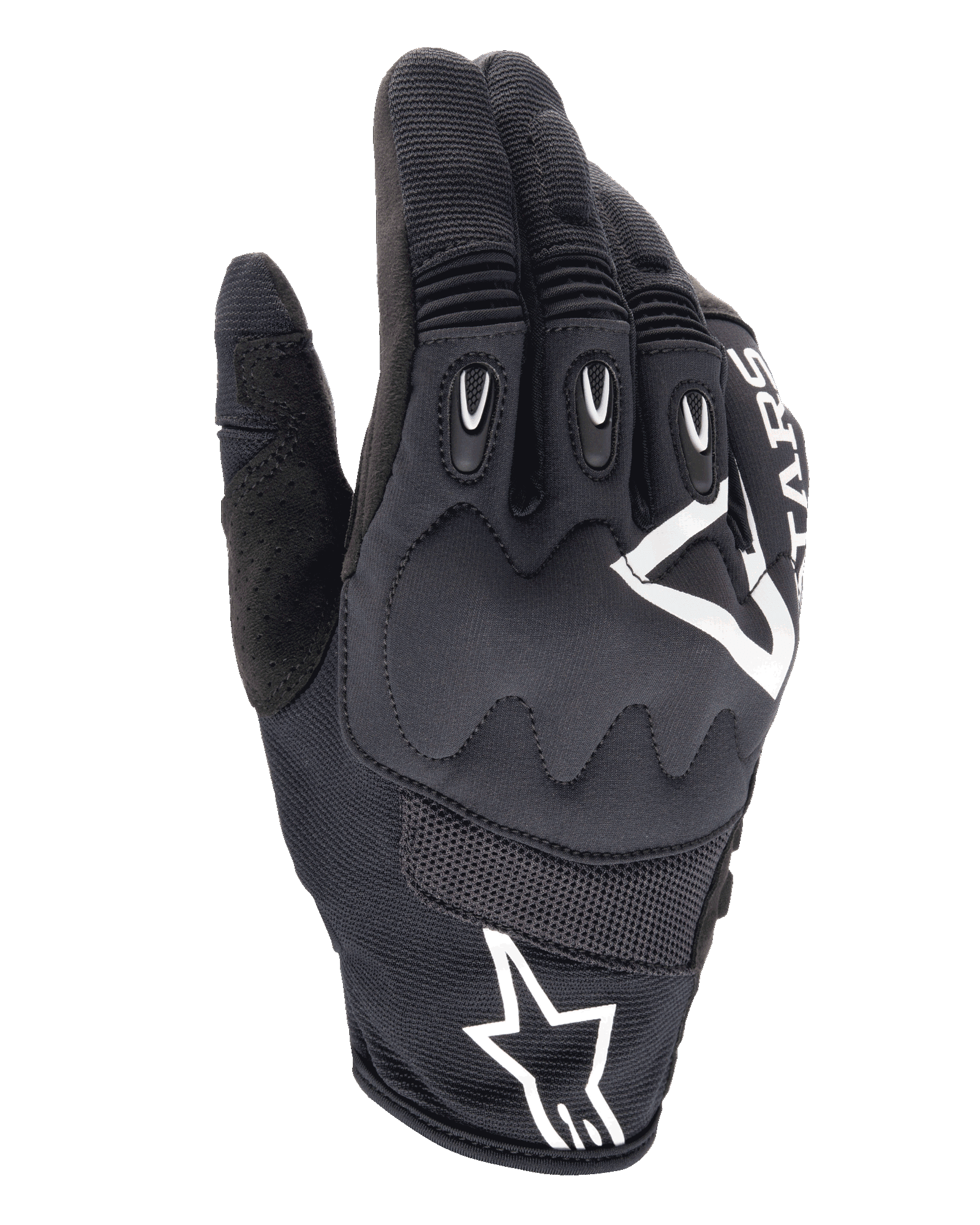 Alpinestars Techdura Gloves, luvas de motociclismo para enduro, pretas com logótipo Alpinestars branco, proteção viscoelástica das articulações, inserções de TPR nos dedos, construção em malha respirável e tecido elástico, equipamento de condução off-road