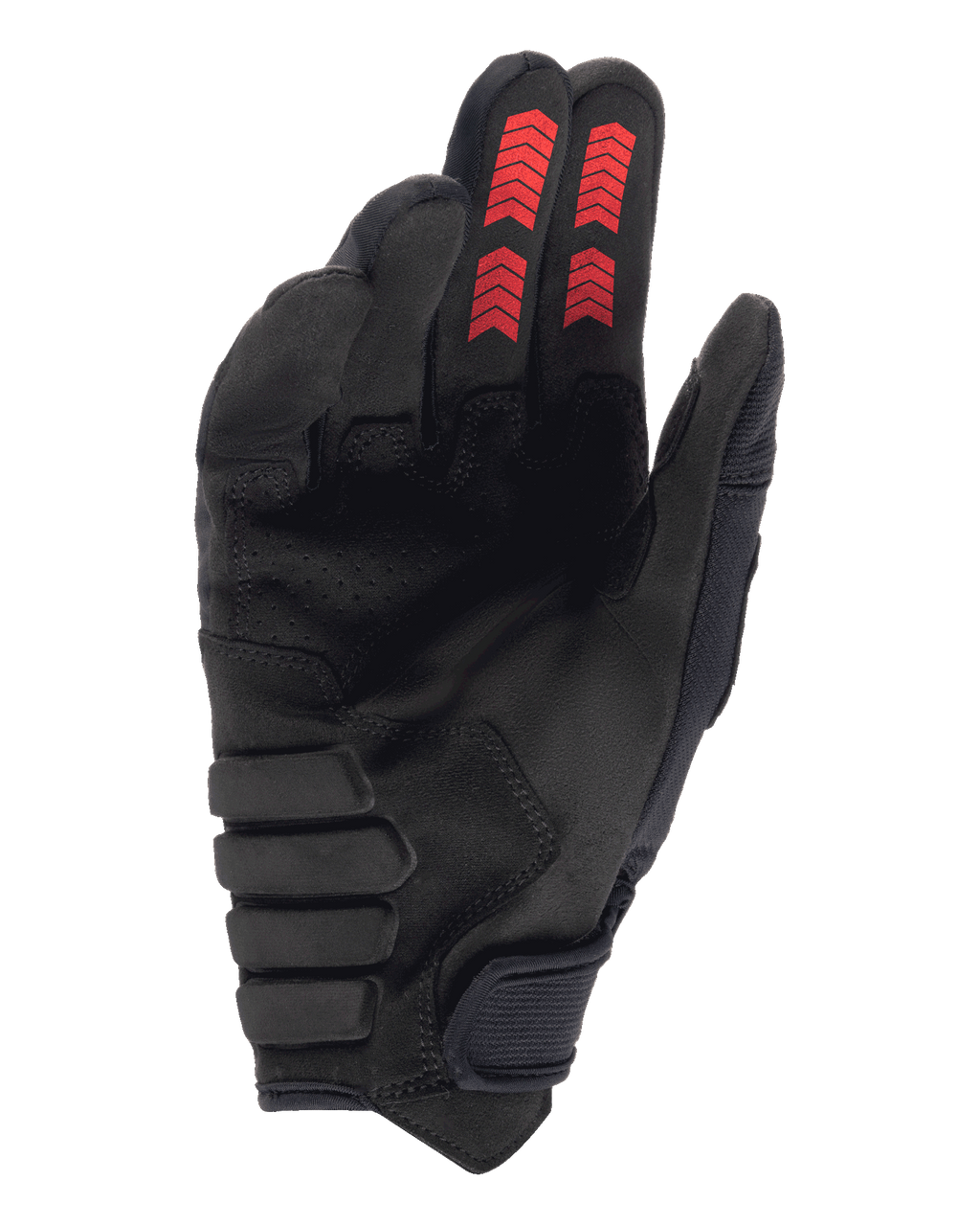 Luvas Alpinestars Techdura, luvas de enduro para todo-o-terreno, pretas e vermelhas, vista da palma com camurça sintética reforçada, grafismos chevron vermelhos nas pontas dos dedos e fecho de gancho e laço no punho