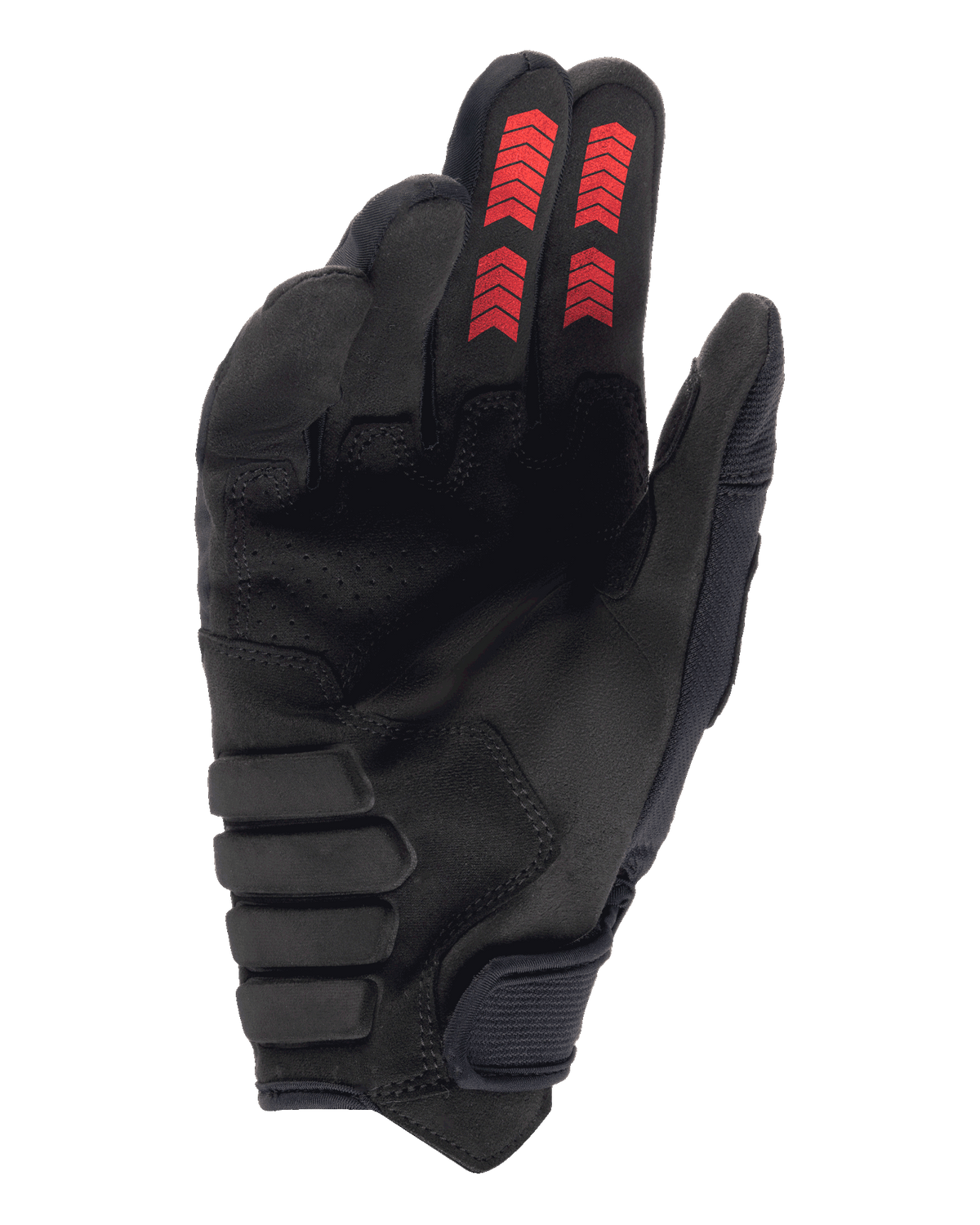 Luvas Alpinestars Techdura, luvas de enduro para todo-o-terreno, pretas e vermelhas, vista da palma com camurça sintética reforçada, grafismos chevron vermelhos nas pontas dos dedos e fecho de gancho e laço no punho