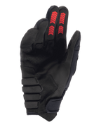 Luvas Alpinestars Techdura, luvas de enduro para todo-o-terreno, pretas e vermelhas, vista da palma com camurça sintética reforçada, grafismos chevron vermelhos nas pontas dos dedos e fecho de gancho e laço no punho