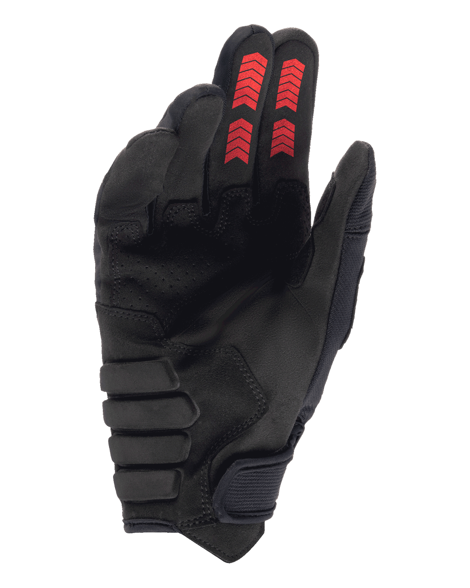 Luvas Alpinestars Techdura, luvas de enduro para todo-o-terreno, pretas e vermelhas, vista da palma com camurça sintética reforçada, grafismos chevron vermelhos nas pontas dos dedos e fecho de gancho e laço no punho
