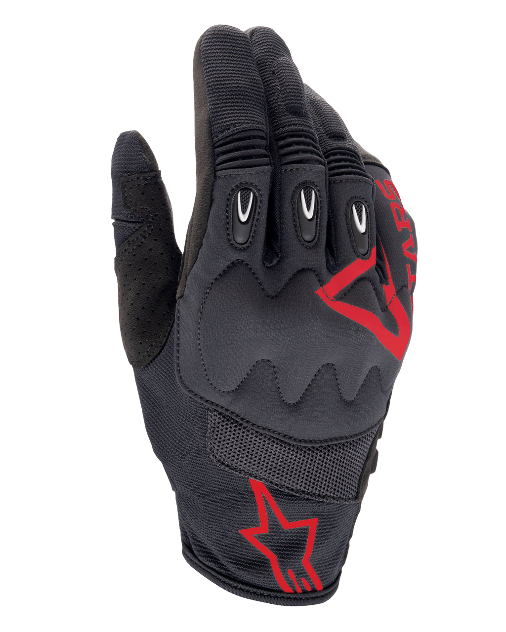 Luvas Alpinestars Techdura, Fire Red Black, luvas para Motocross e Enduro, tecido texturizado preto com logótipos de estrela vermelhos, proteção reforçada nas articulações e nos dedos, painéis em malha respirável, equipamento de motociclismo durável para todo-o-terreno