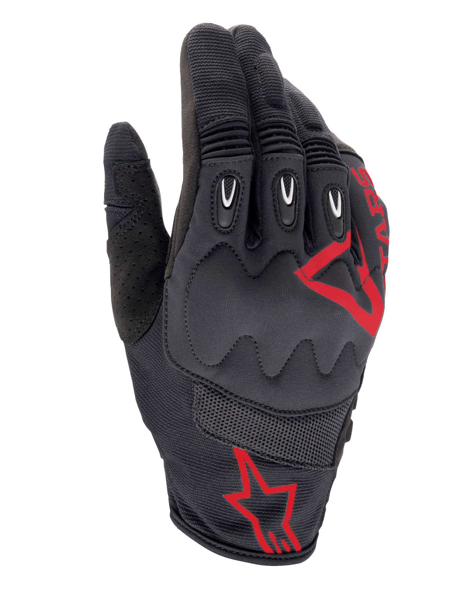 Luvas Alpinestars Techdura, Fire Red Black, luvas para Motocross e Enduro, tecido texturizado preto com logótipos de estrela vermelhos, proteção reforçada nas articulações e nos dedos, painéis em malha respirável, equipamento de motociclismo durável para todo-o-terreno
