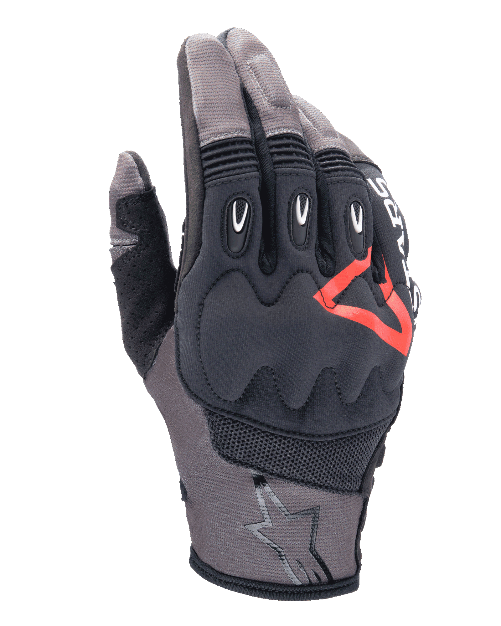 Luvas Alpinestars Techdura, luvas de motociclismo, castanho Falcon e preto com detalhes vermelhos, proteção acolchoada nos nós dos dedos, malha respirável e tecido elástico, inserções protetoras nos dedos, logótipo de estrela no punho
