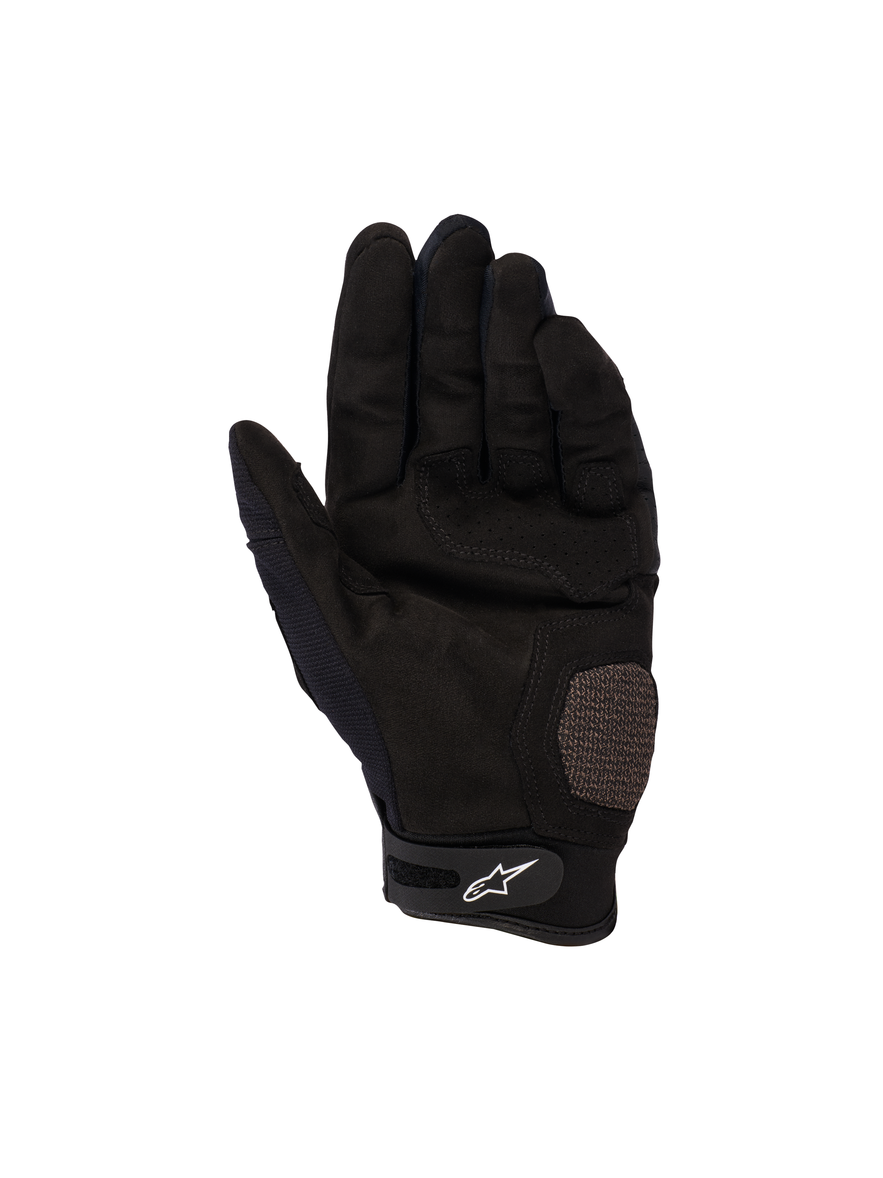 Alpinestars Megawatt V2 Gloves, Motocross and Enduro Gloves, Black, palm view showing reinforced palm and thumb sections, perforated texture for ventilation, Velcro wrist strap with white Alpinestars logo