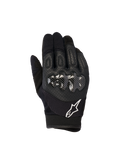Alpinestars Megawatt V2 Gloves, Motocross and Enduro Gloves, Black, featuring a hard knuckle protector with carbon-look finish, perforated leather top hand for breathability, white Alpinestars logo on the cuff, durable off-road protection
