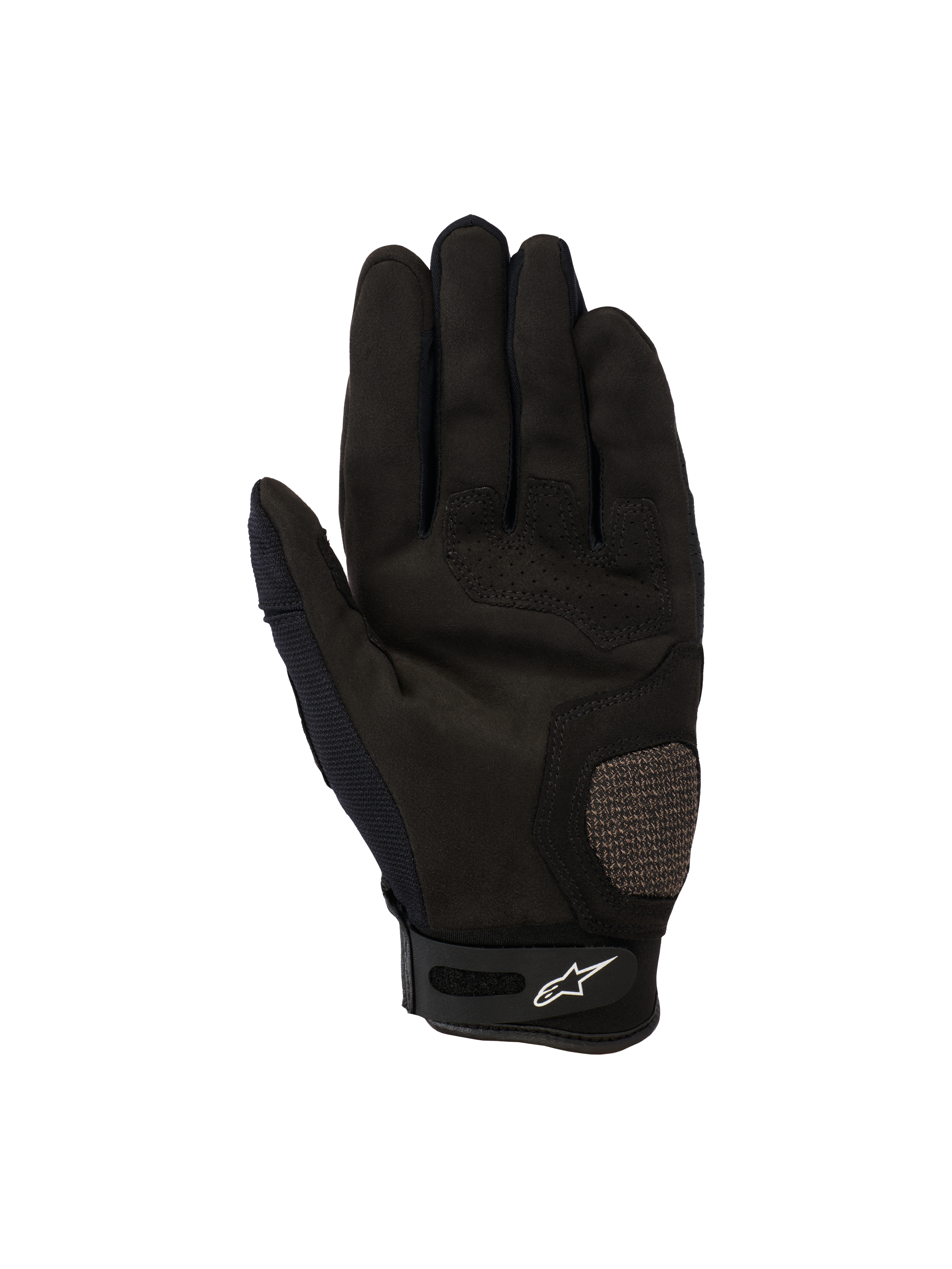 Alpinestars Megawatt V2 Gloves, Motocross and Enduro Gloves, Black, palm view featuring reinforced thumb and palm areas, perforated details for airflow, and a velcro wrist closure with the Alpinestars logo.