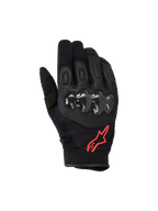 Alpinestars Megawatt V2 Gloves, Motocross Gloves, Black and Red Fluo, featuring carbon-textured hard knuckle protection, perforated leather for ventilation, and red star logo, durable off-road gear