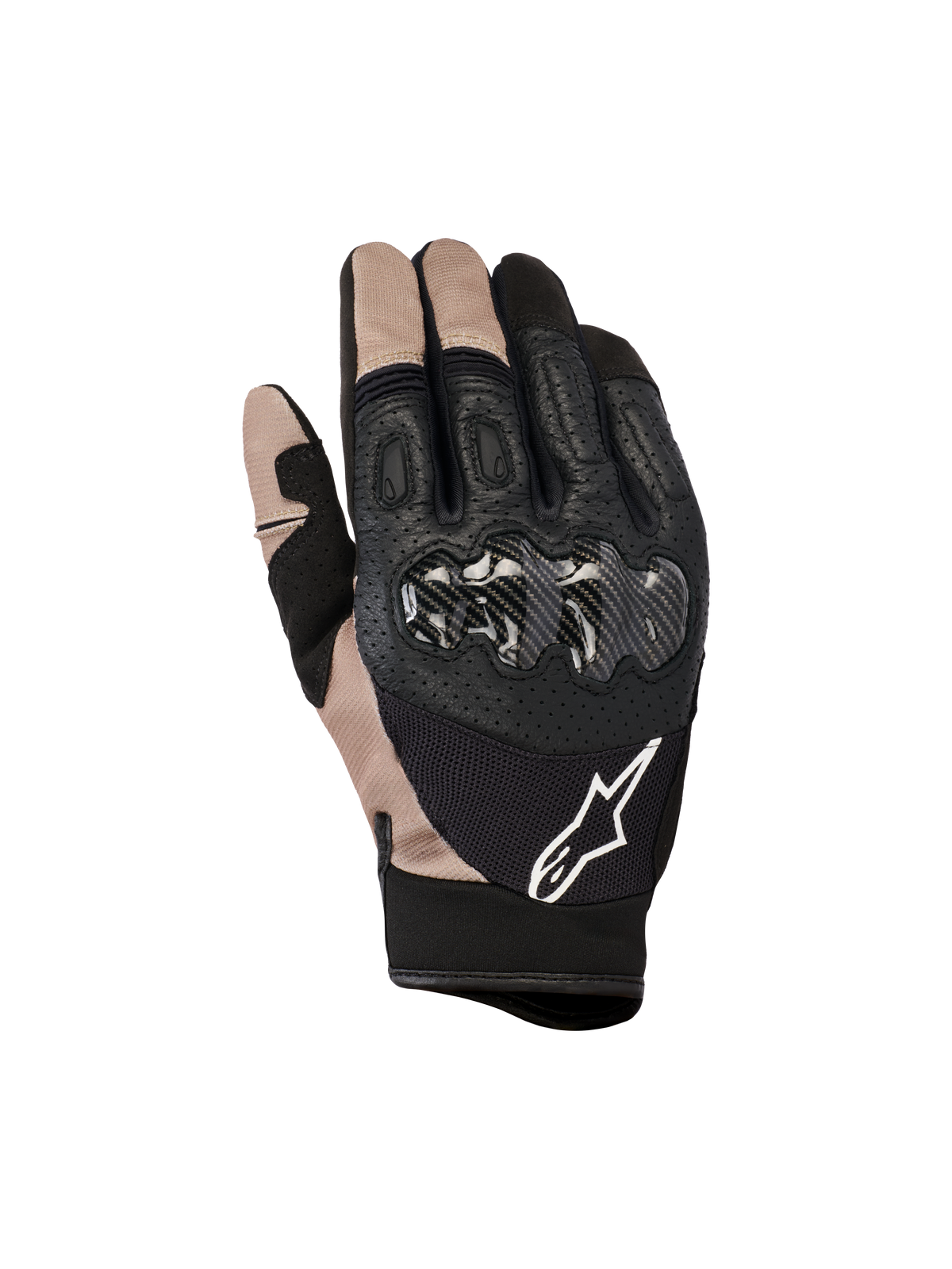 Luvas Alpinestars Megawatt V2, luvas de motocross e enduro, pretas e bege, proteção de articulações em fibra de carbono, construção em couro perfurado e malha, logótipo Alpinestars branco