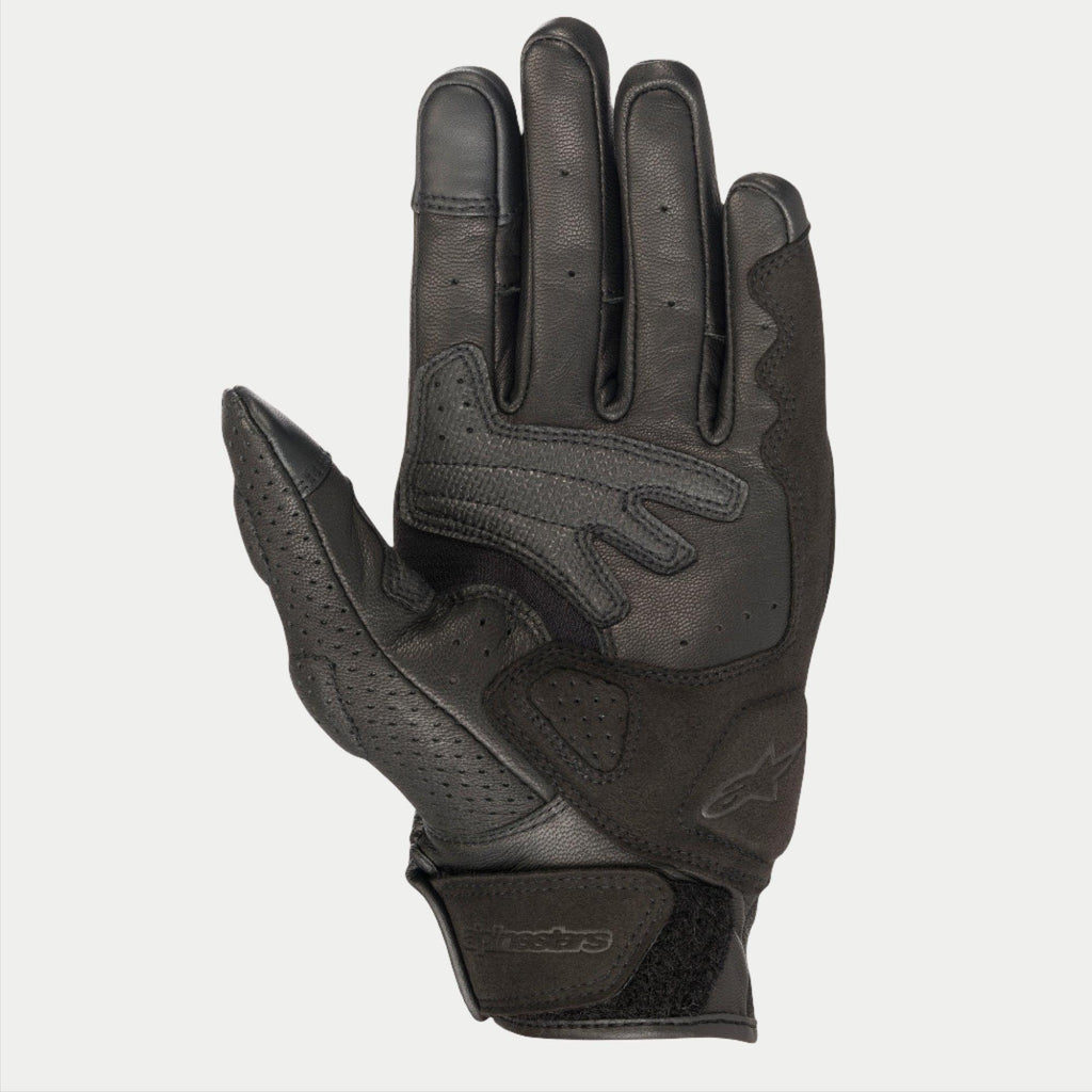 Luvas Alpinestars Mustang V2, luvas de motociclismo em couro preto, vista da palma com couro perfurado, reforços em camurça sintética e fecho de pulso com gancho e laço, equipamento de condução urbana