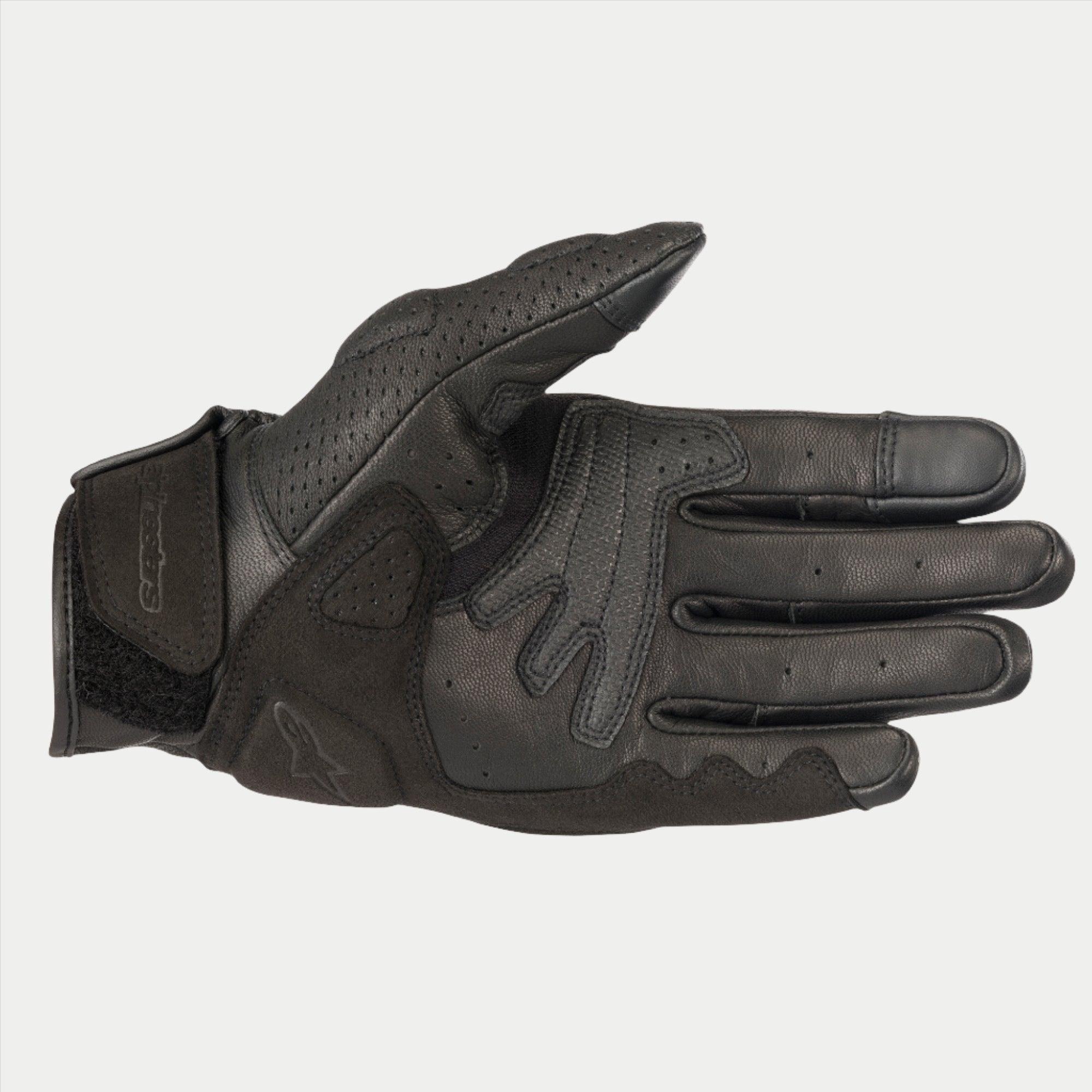 Luvas Alpinestars Mustang V2, luvas de motociclismo em couro preto, vista da palma com couro perfurado, reforços em camurça sintética e fecho de pulso com gancho e laço, equipamento de condução urbana
