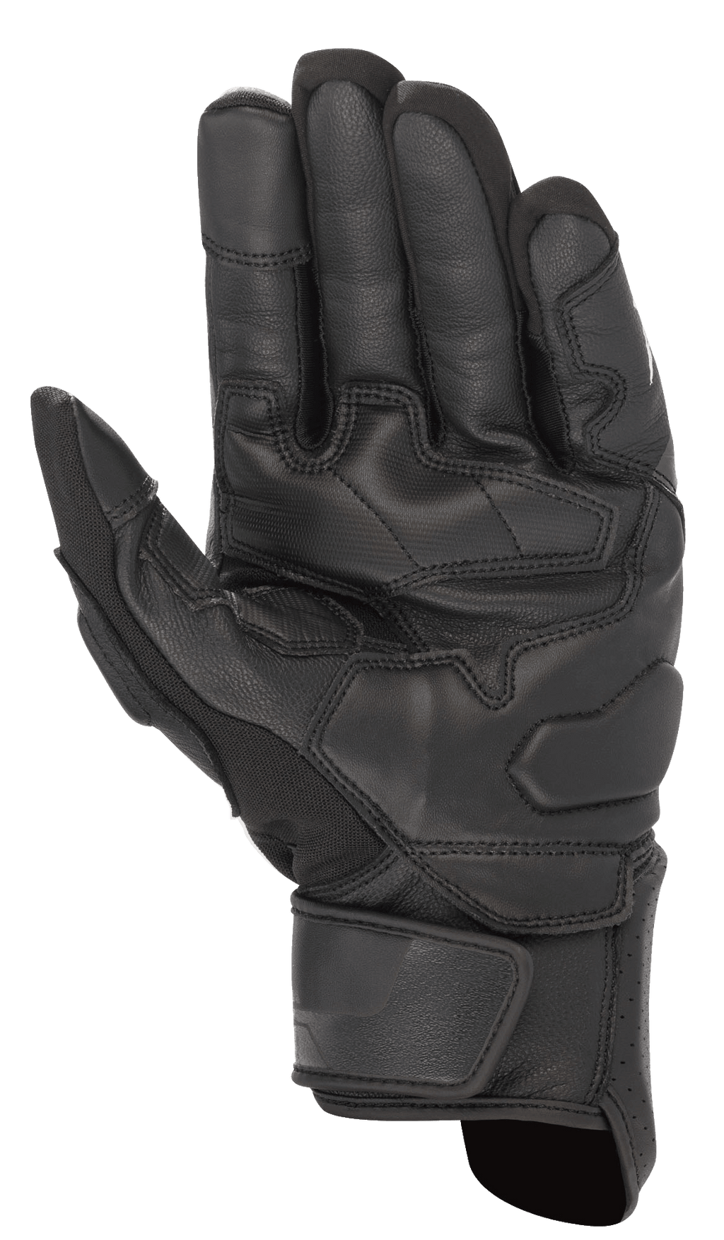 Luvas Booster V2 Alpinestars, pretas, vista da palma da luva de motociclismo mostrando a construção em couro durável, painéis de aderência reforçados na palma e no polegar, e tira de ajuste no pulso