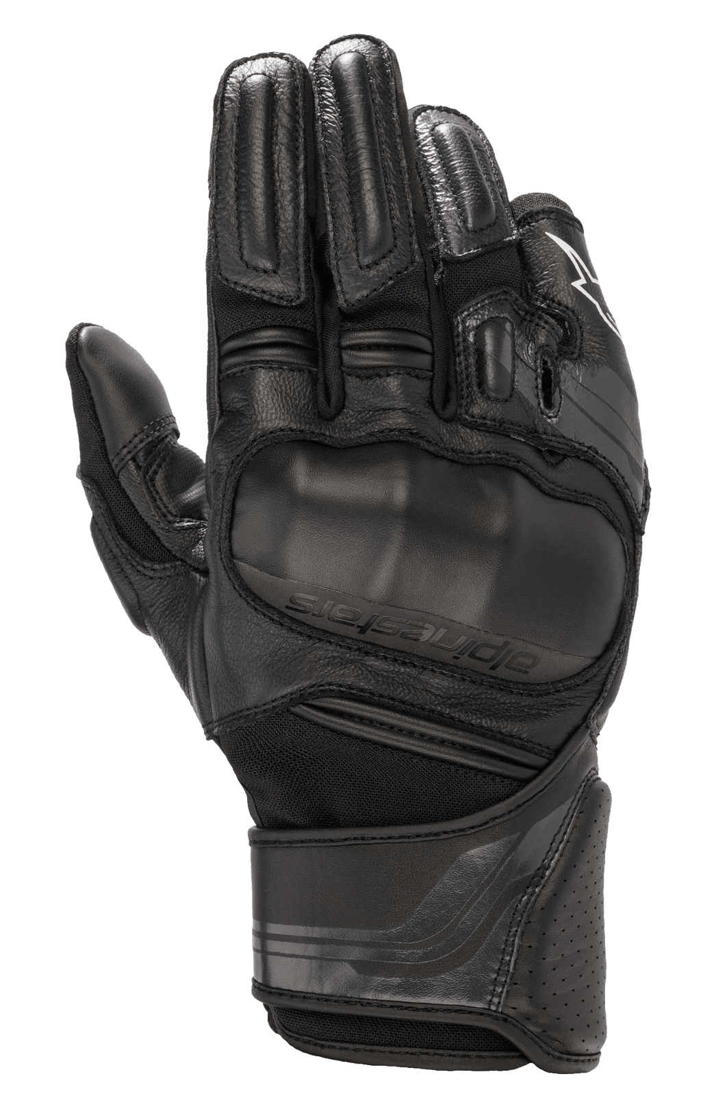 Luvas Alpinestars Booster V2, luvas de motociclismo pretas, com proteção viscoelástica moldada nos nós dos dedos, construção multi-painel em couro e tecido, proteção acolchoada nos dedos, punho em couro perfurado e tira de ajuste no pulso