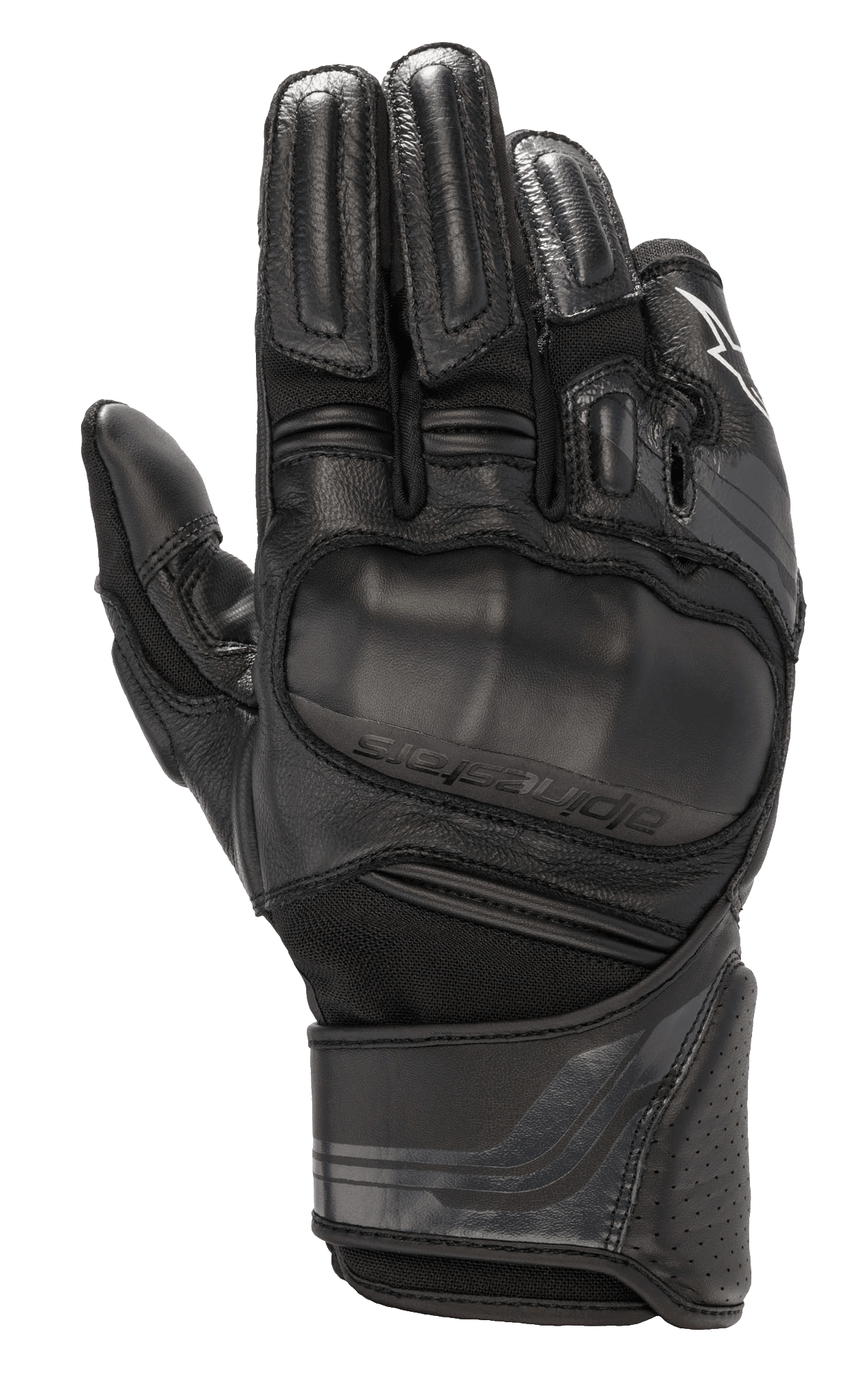 Luvas Alpinestars Booster V2, luvas de motociclismo pretas, com proteção viscoelástica moldada nos nós dos dedos, construção multi-painel em couro e tecido, proteção acolchoada nos dedos, punho em couro perfurado e tira de ajuste no pulso